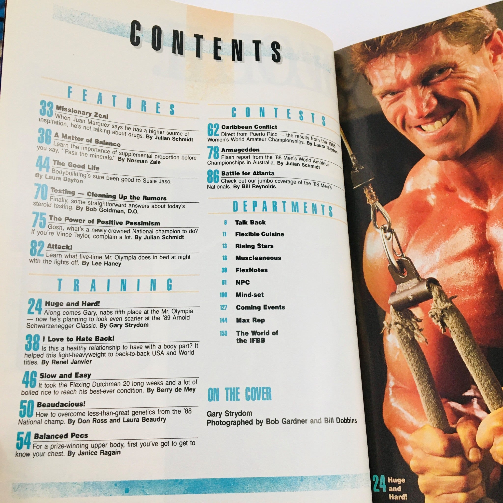 Contents page of Joe Weider's Flex Magazine March 1989 highlighting features and contests, showcasing Gary Strydom on the cover, with sections on bodybuilding training and fitness tips.