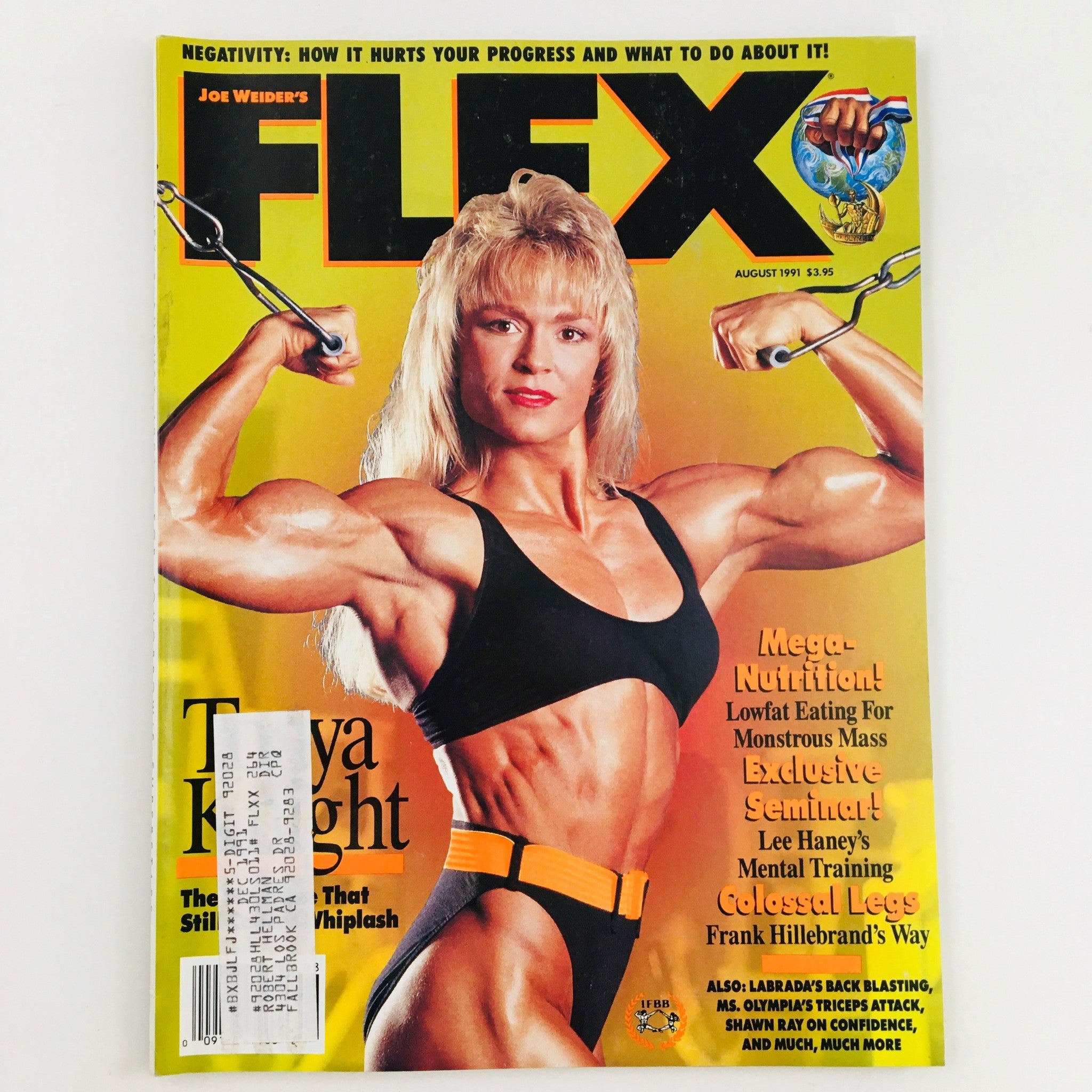 Cover of Joe Weider's Flex Magazine August 1991 featuring bodybuilder Tonya Knight showcasing her physique, symbolizing the fitness culture of the early '90s.