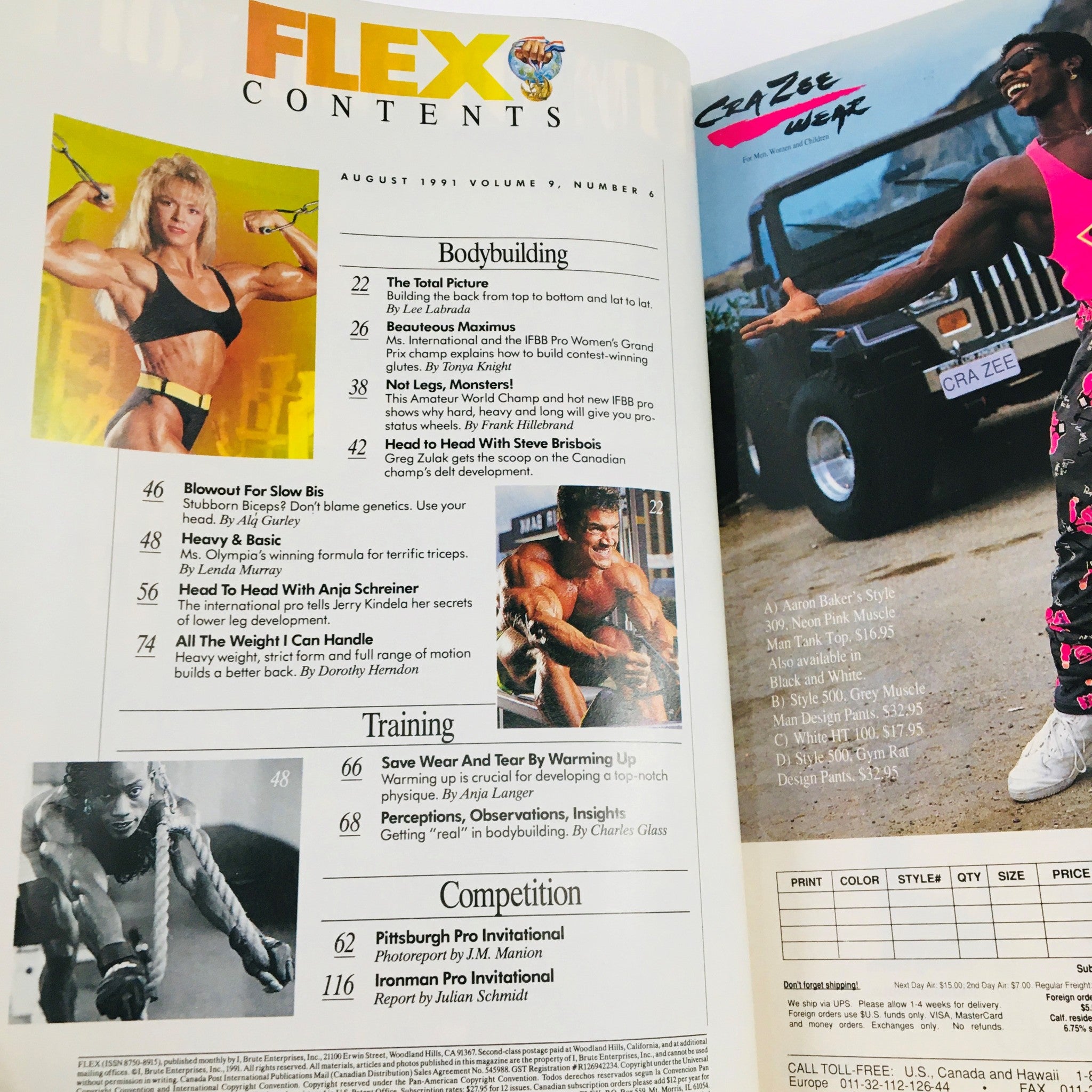Contents page of Joe Weider's Flex Magazine August 1991, highlighting articles on bodybuilding and training, with an image of Tonya Knight and other featured content.