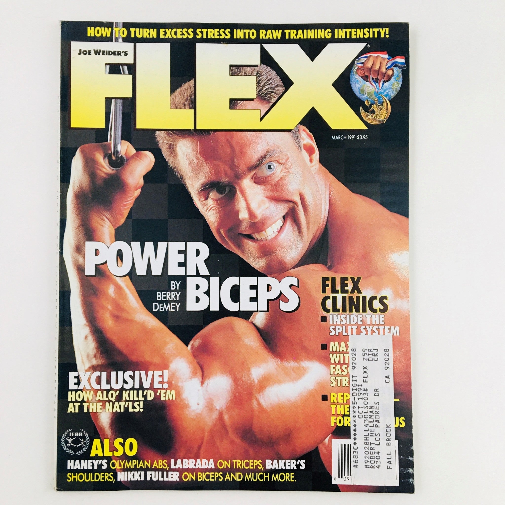 Cover of Joe Weider's Flex Magazine March 1991 featuring Dutch bodybuilder Berry de Mey showcasing his biceps with the headline 'Power Biceps'. The magazine highlights inspiring fitness content popular in the early '90s.