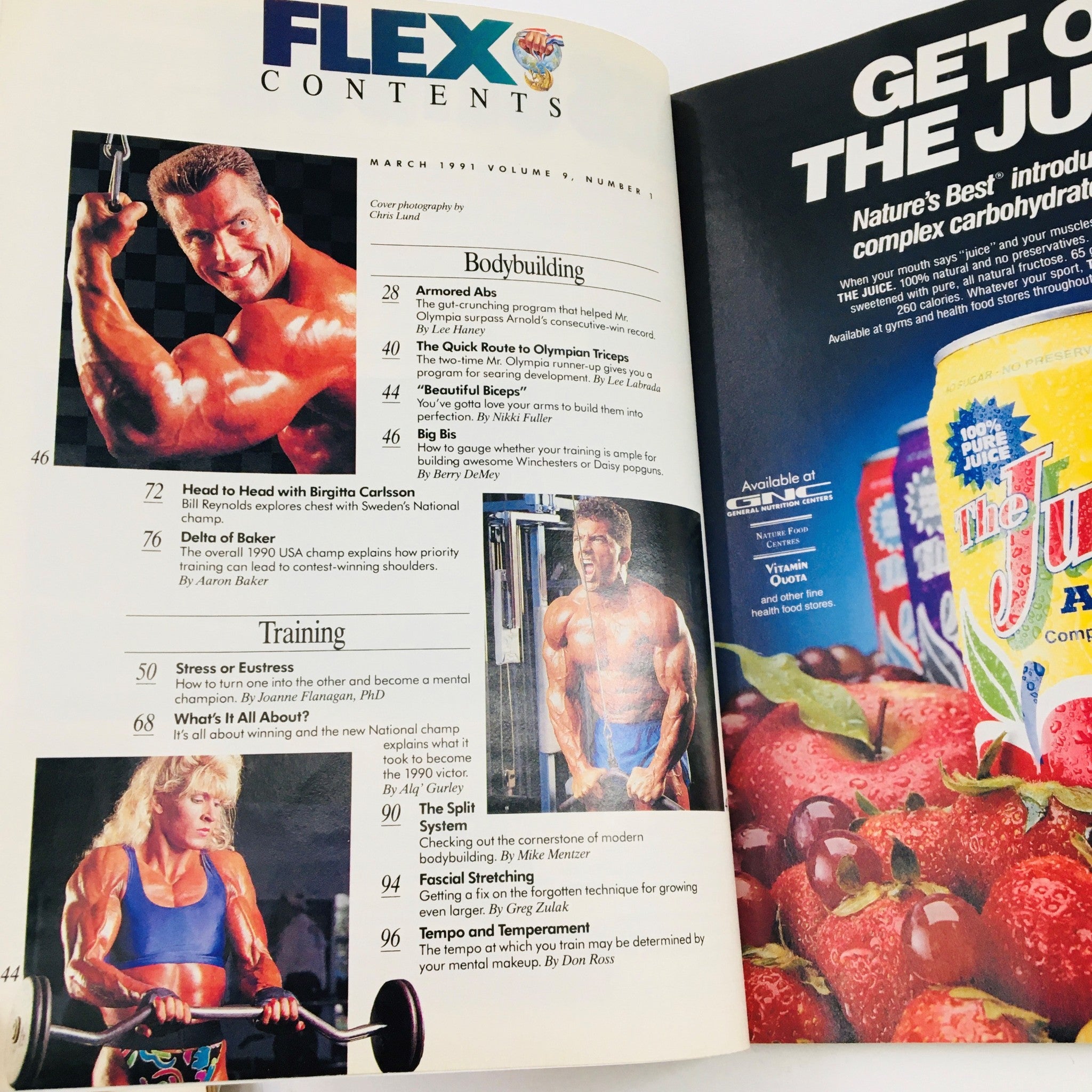 Contents page of Joe Weider's Flex Magazine March 1991, listing articles on bodybuilding and training, with a focus on Berry de Mey and other fitness topics. A visual representation of the magazine's insightful features.