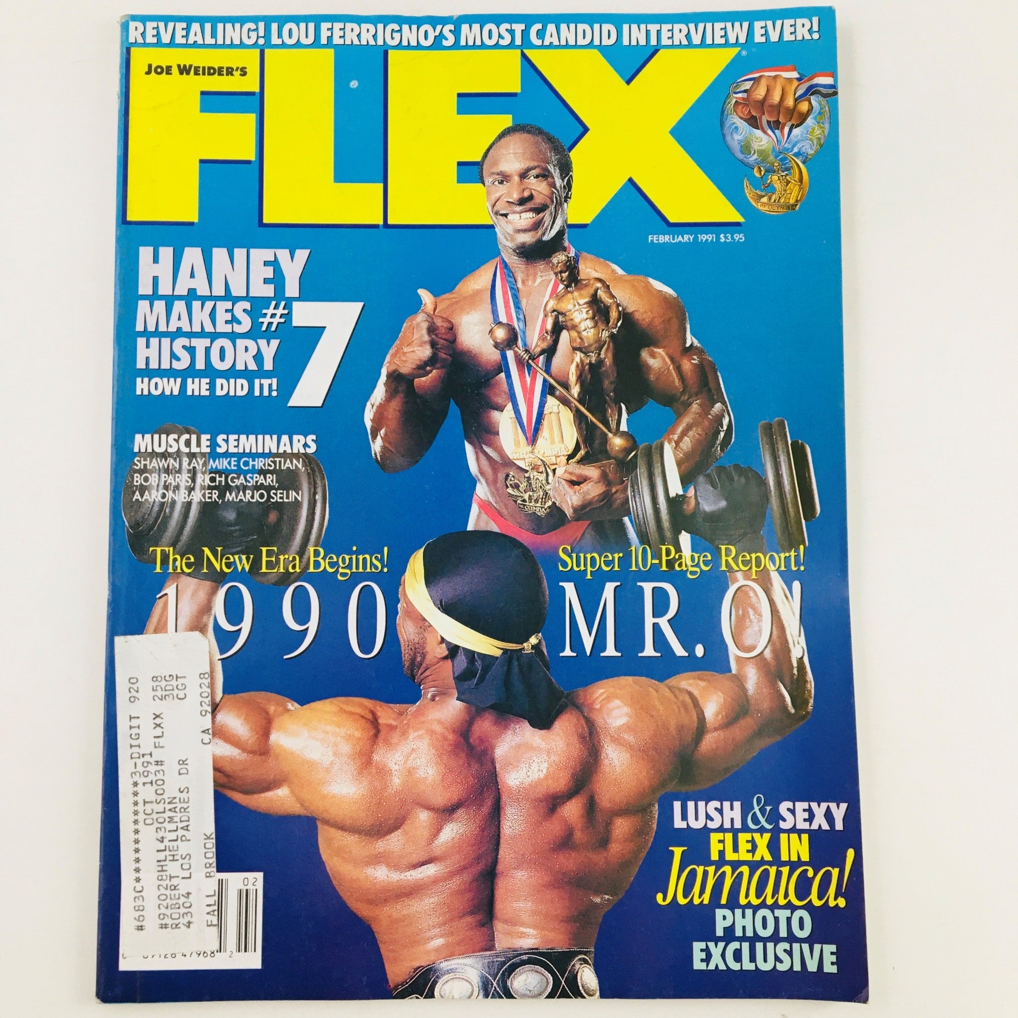 Joe Weider's Flex Magazine February 1991 cover featuring bodybuilder Lee Haney, showcasing his historic achievements with a trophy and weights. This vintage magazine captures a pivotal moment in bodybuilding history, perfect for collectors.