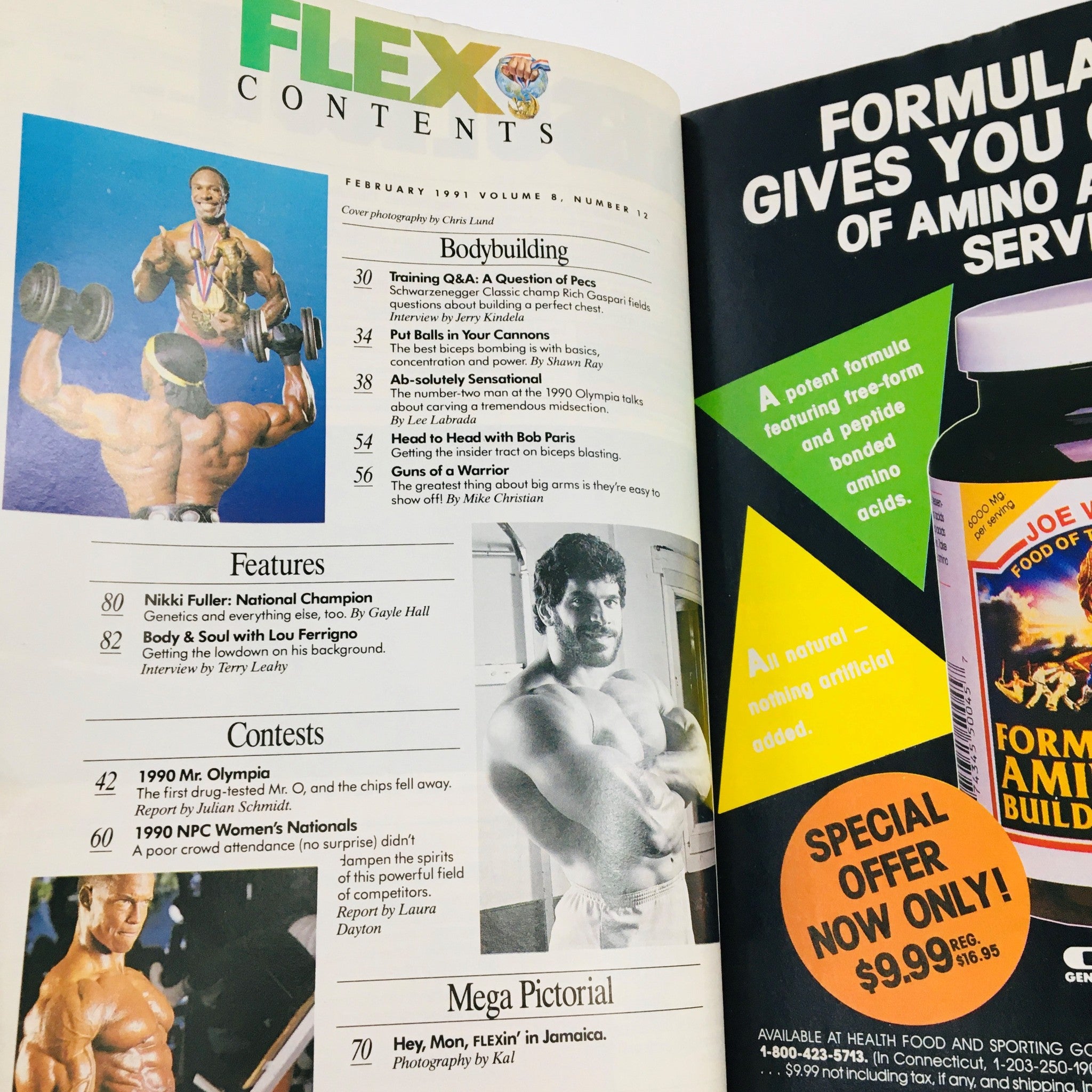 Contents page of Joe Weider's Flex Magazine February 1991, listing articles and features. Highlights include Lee Haney and notable bodybuilding insights, contributing to the culture of fitness in the 90s.