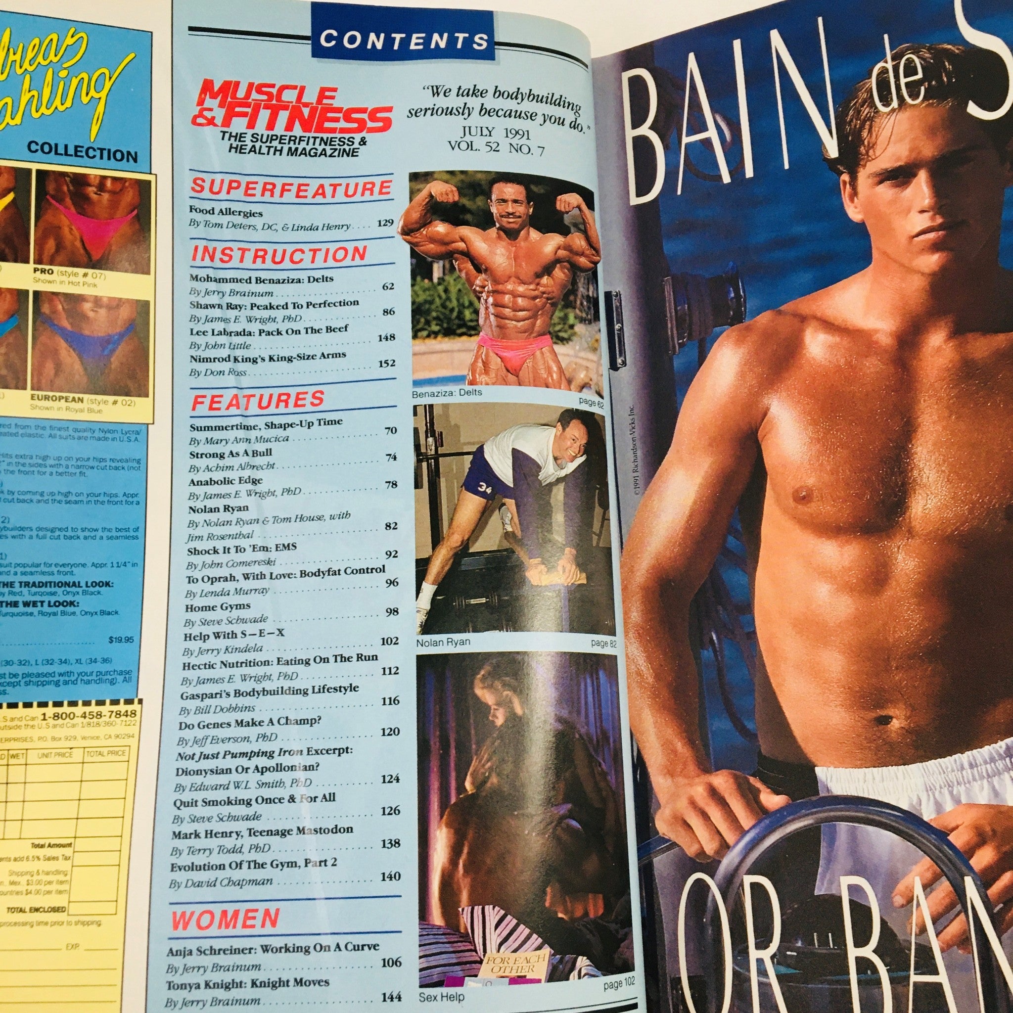 Table of contents from Muscle & Fitness Magazine July 1991 listing articles, features, and workouts by notable bodybuilders of the time.