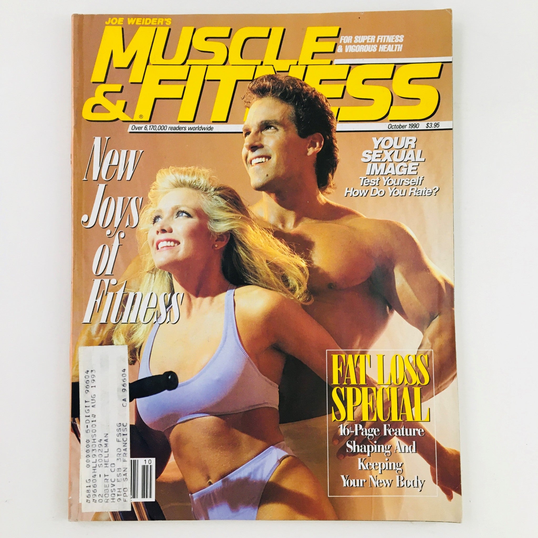 Cover of Muscle & Fitness Magazine October 1990 featuring a male and female model, highlighting fitness themes and articles including a feature on Jerry Brainum and Mohammad Benaziza.