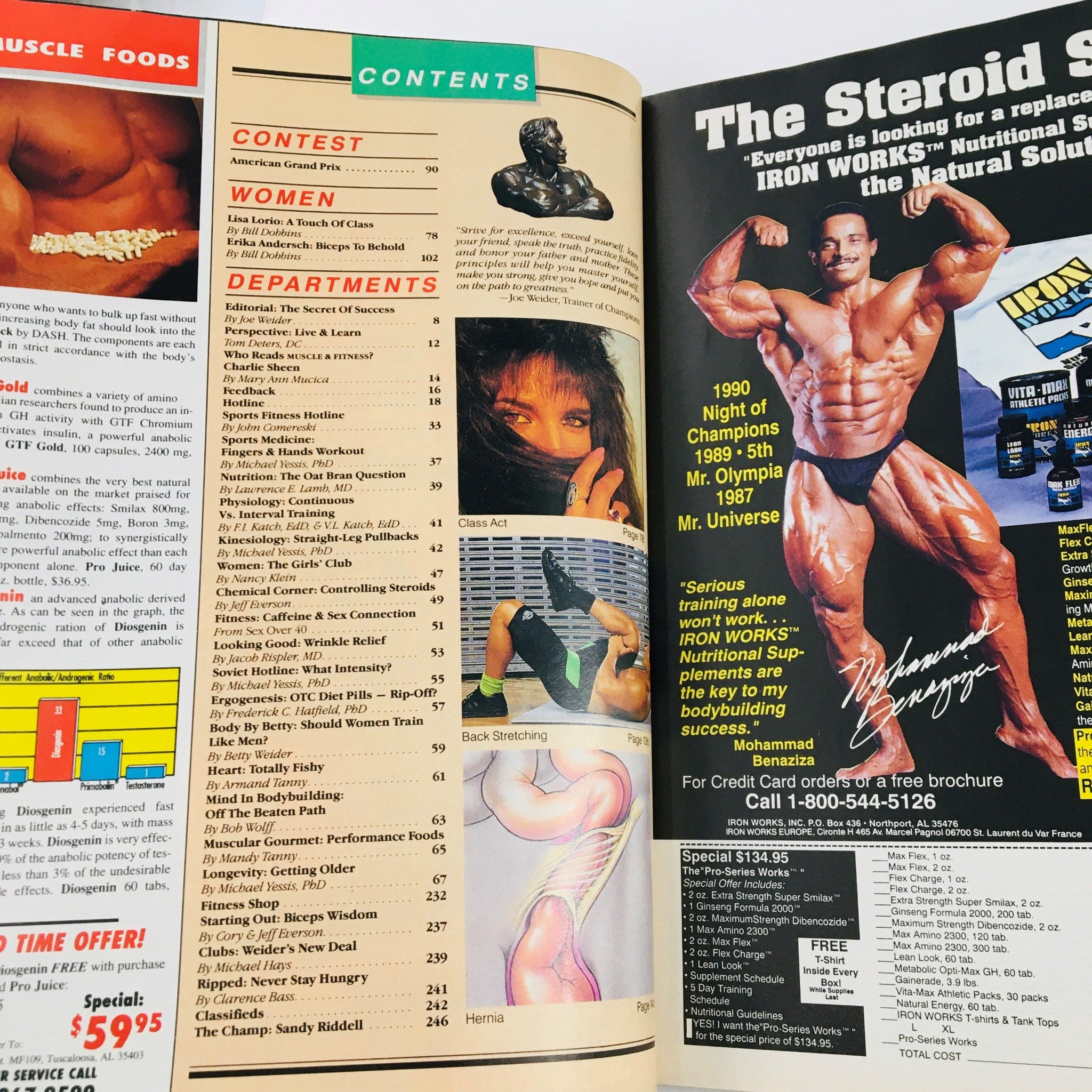 Contents page of Muscle & Fitness Magazine October 1990 that lists articles on bodybuilding, health, and fitness including a focus on nutritional advice and profiles of prominent bodybuilders.