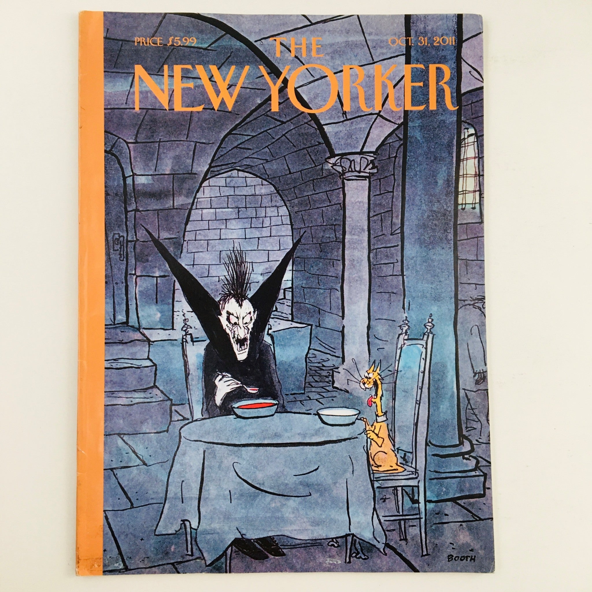 The New Yorker Magazine October 31 2011 Full Theme Cover by George Booth featuring a whimsical illustration of a sinister character and a cat at a table, capturing the signature style of The New Yorker.