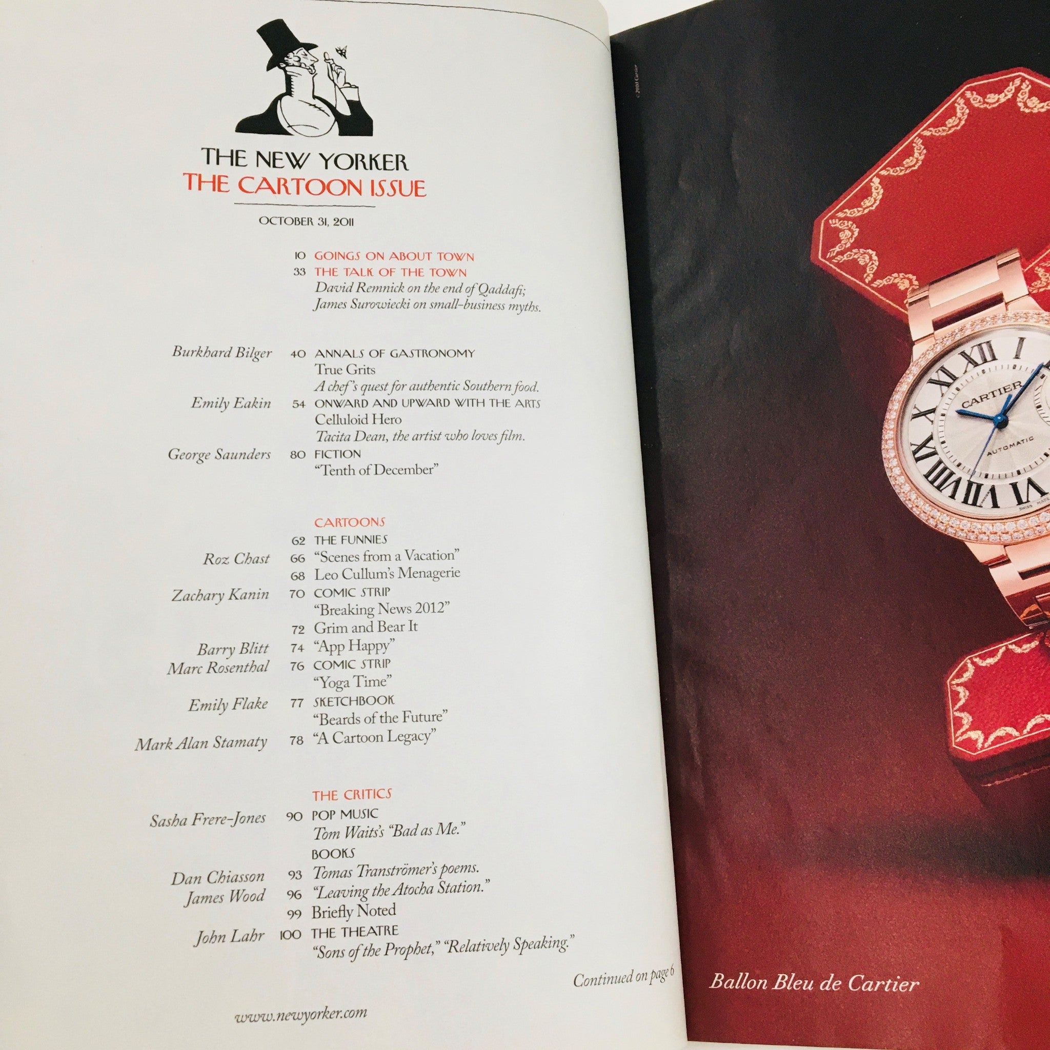 Inside page of The New Yorker Magazine October 31 2011 featuring editorial content and listings, illustrating the literary richness and cultural commentary of the magazine.