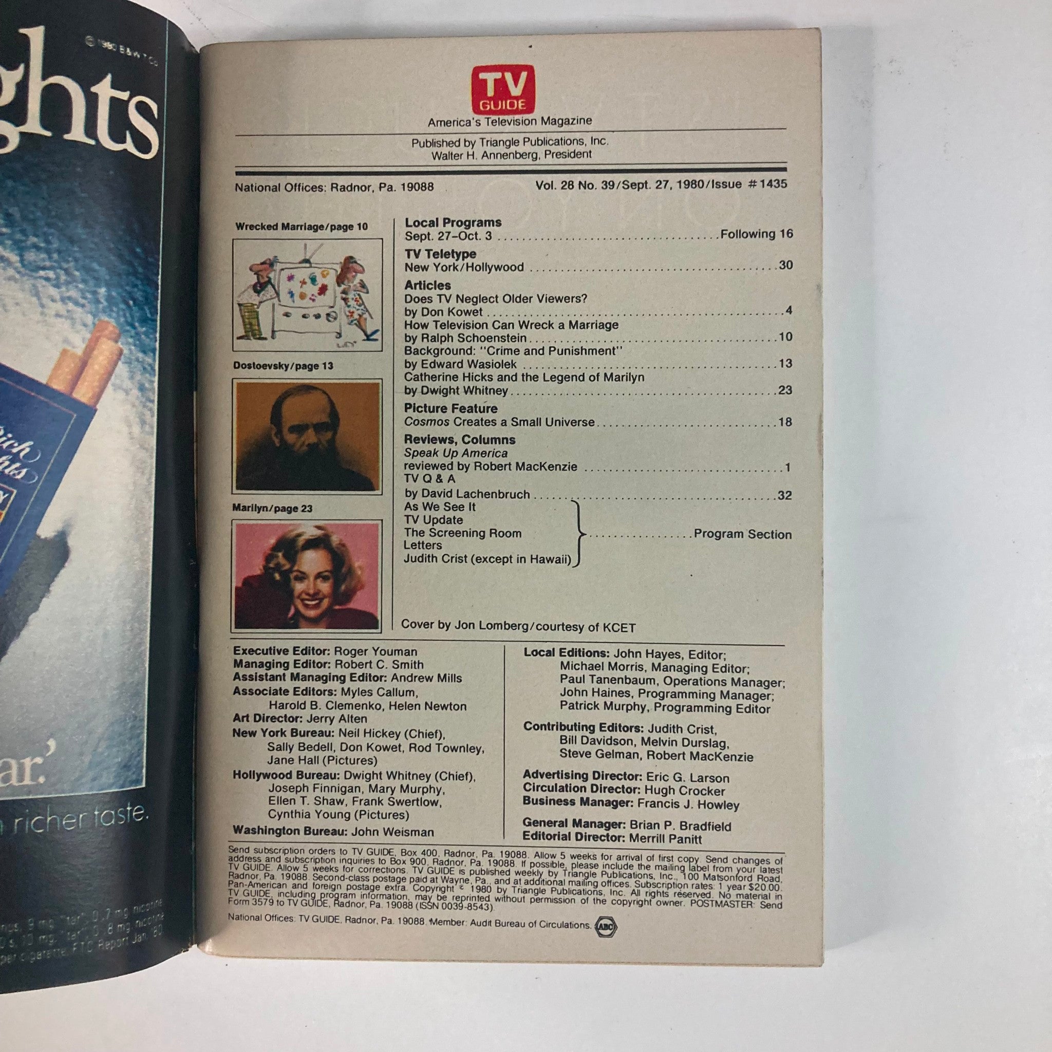 Inside page of TV Guide Magazine September 27, 1980, issue #1435 displaying the table of contents and article summaries, including features on 'Cosmos: A New Series' and reviews.