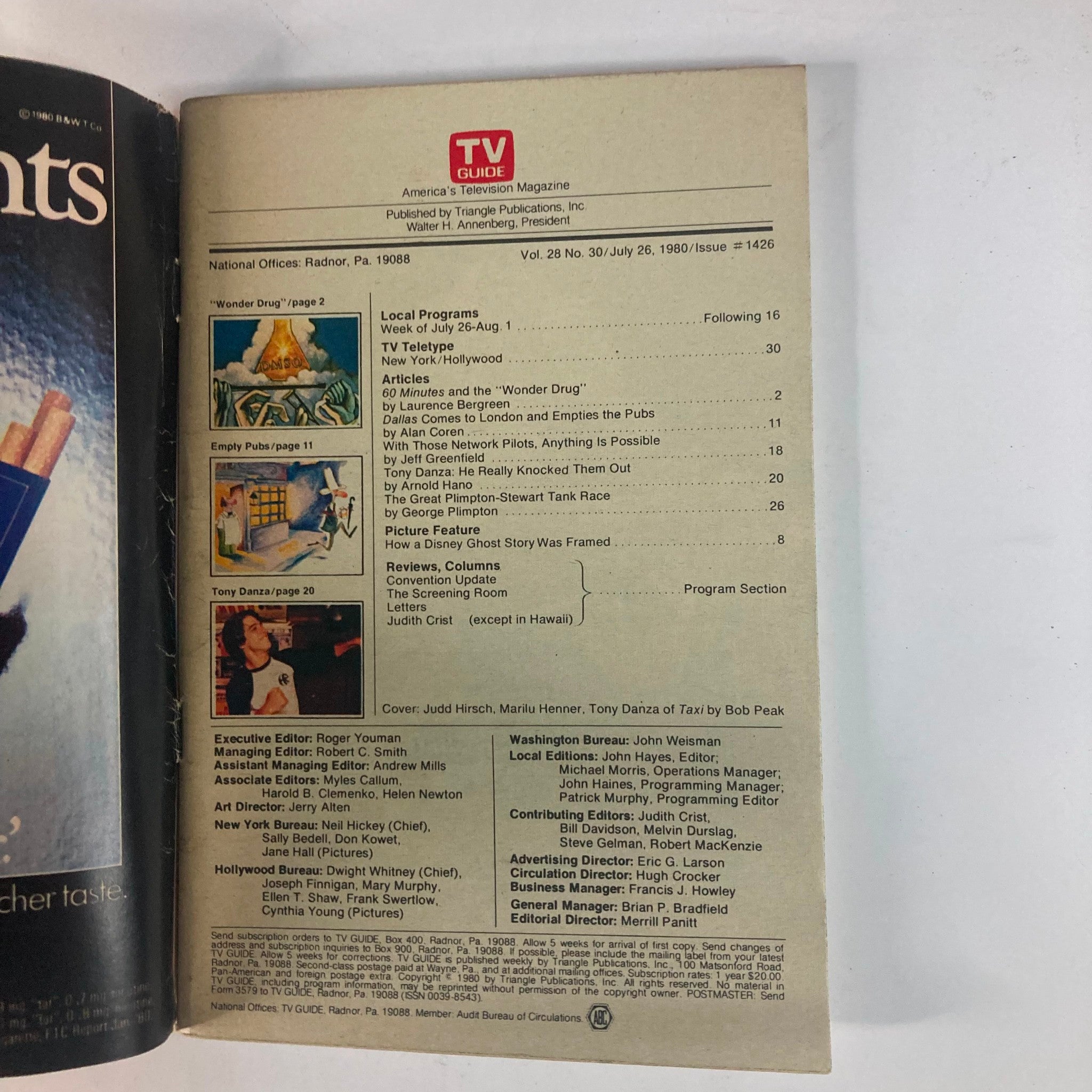 TV Guide Magazine July 26 1980, Issue #1426, featuring the contents page with articles on 'Wonder Drug', Tony Danza, and more, showcasing Judd Hirsch and Marilu Henner.