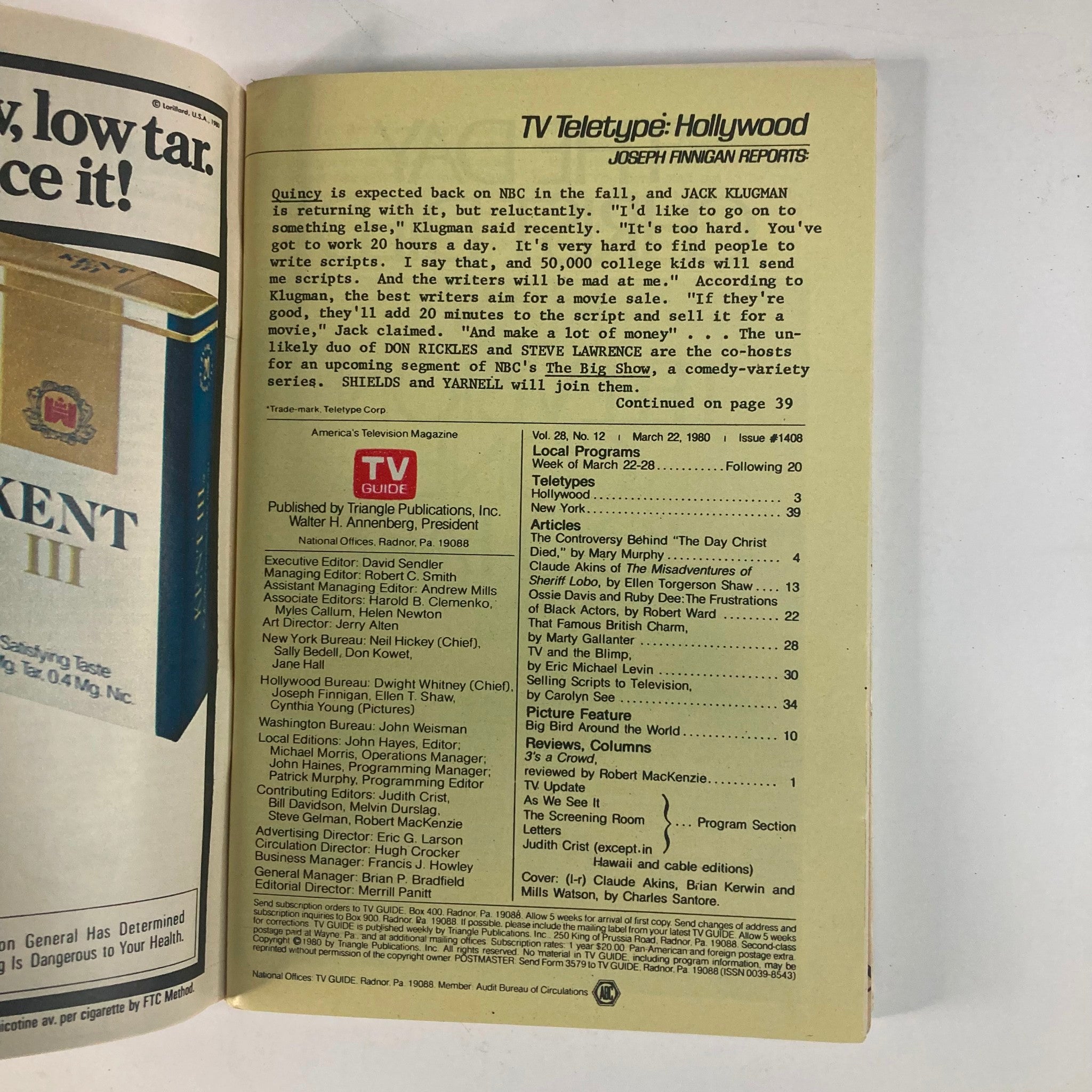 Interior page of TV Guide Magazine March 22, 1980, Issue #1408 detailing local programs and Hollywood features, including 'The Day Christ Died' controversy.