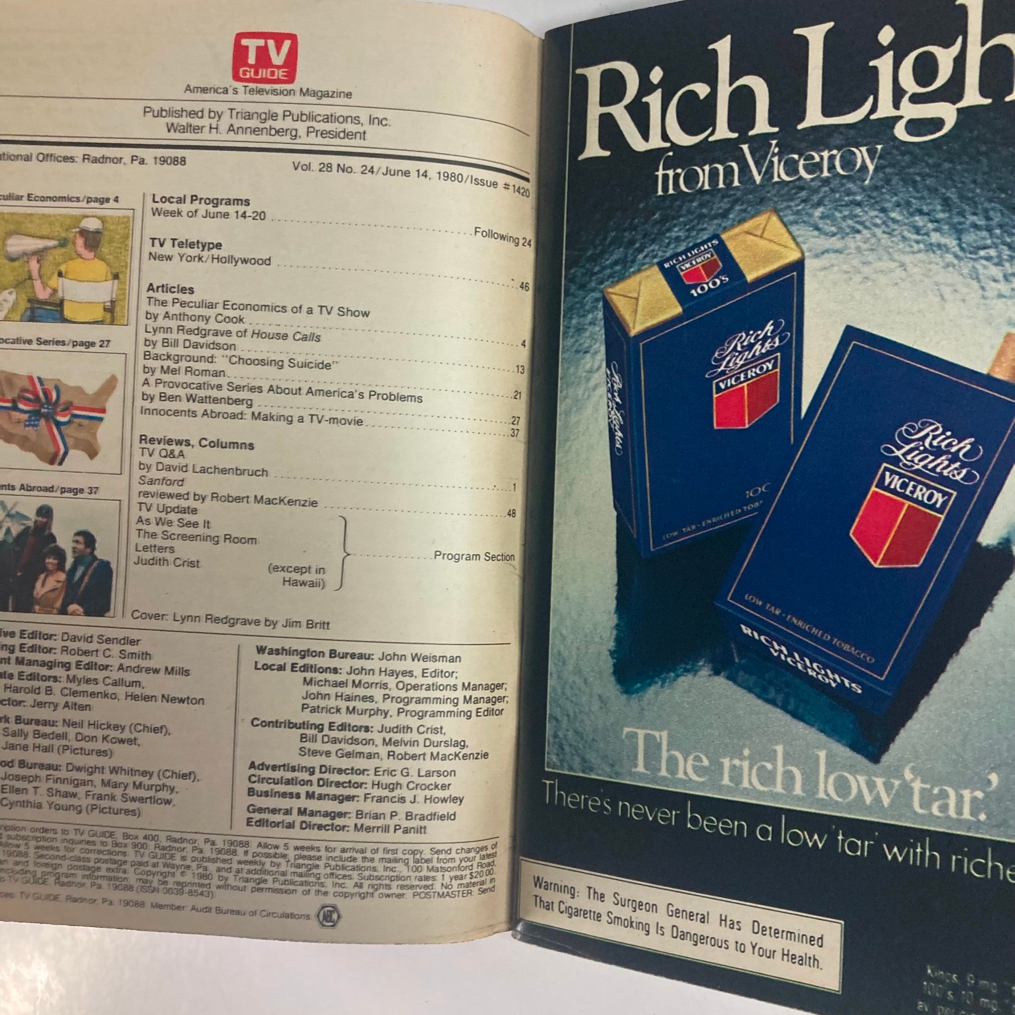 Interior page of TV Guide Magazine June 14 1980 #1420 showcasing articles and local program listings.