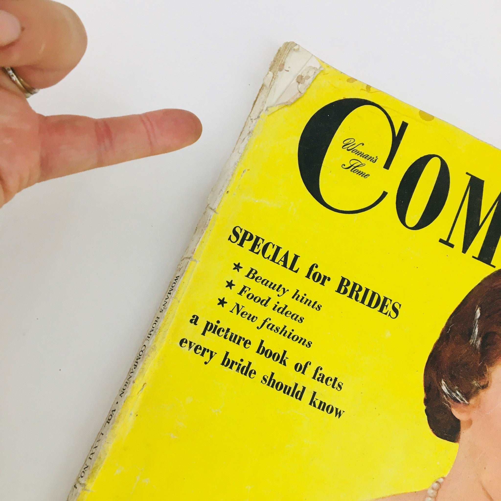 Cover of Woman's Home Companion April 1954 featuring a bright yellow design with the text 'SPECIAL for BRIDES', highlighting beauty hints, food ideas, and fashion tips.