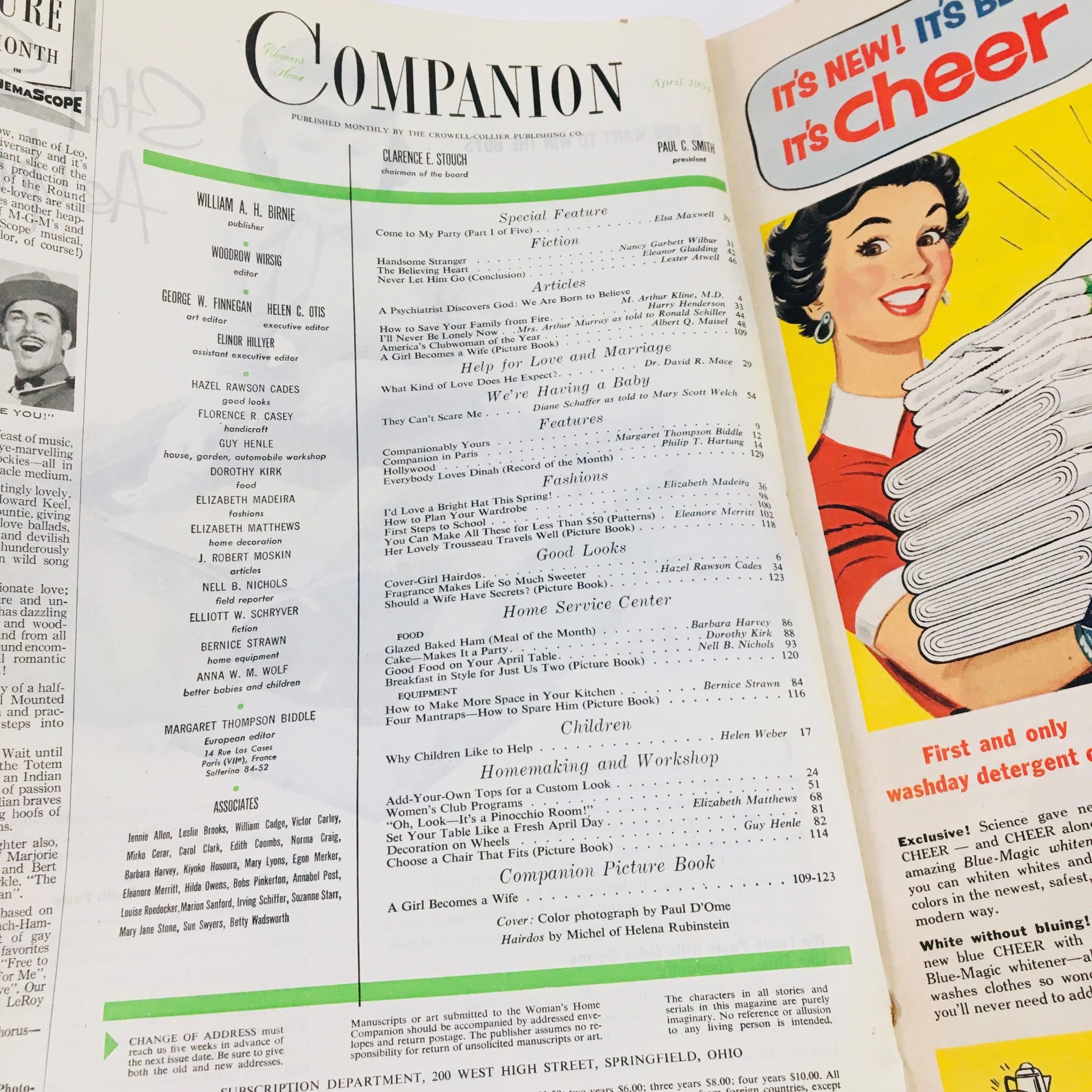 Menu page from Woman's Home Companion April 1954 listing various articles including 'Help for New Mothers' and household management tips.