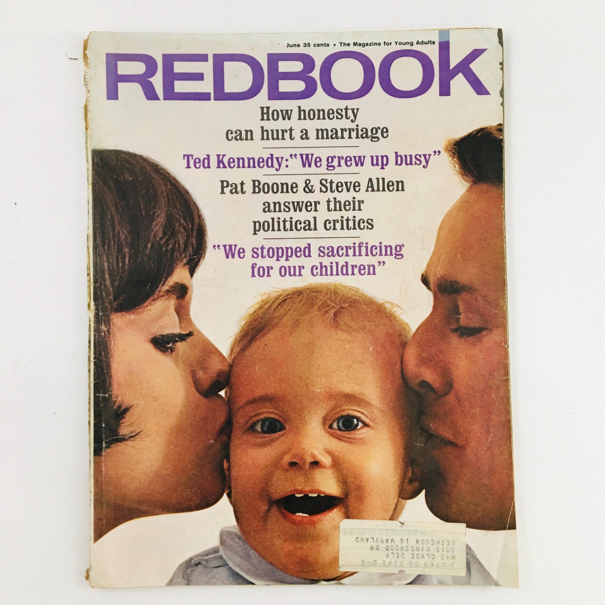 Cover of Redbook Magazine June 1962 featuring Pat Boone and Steve Allen responding to political critics, with a baby and a woman depicted on the cover.