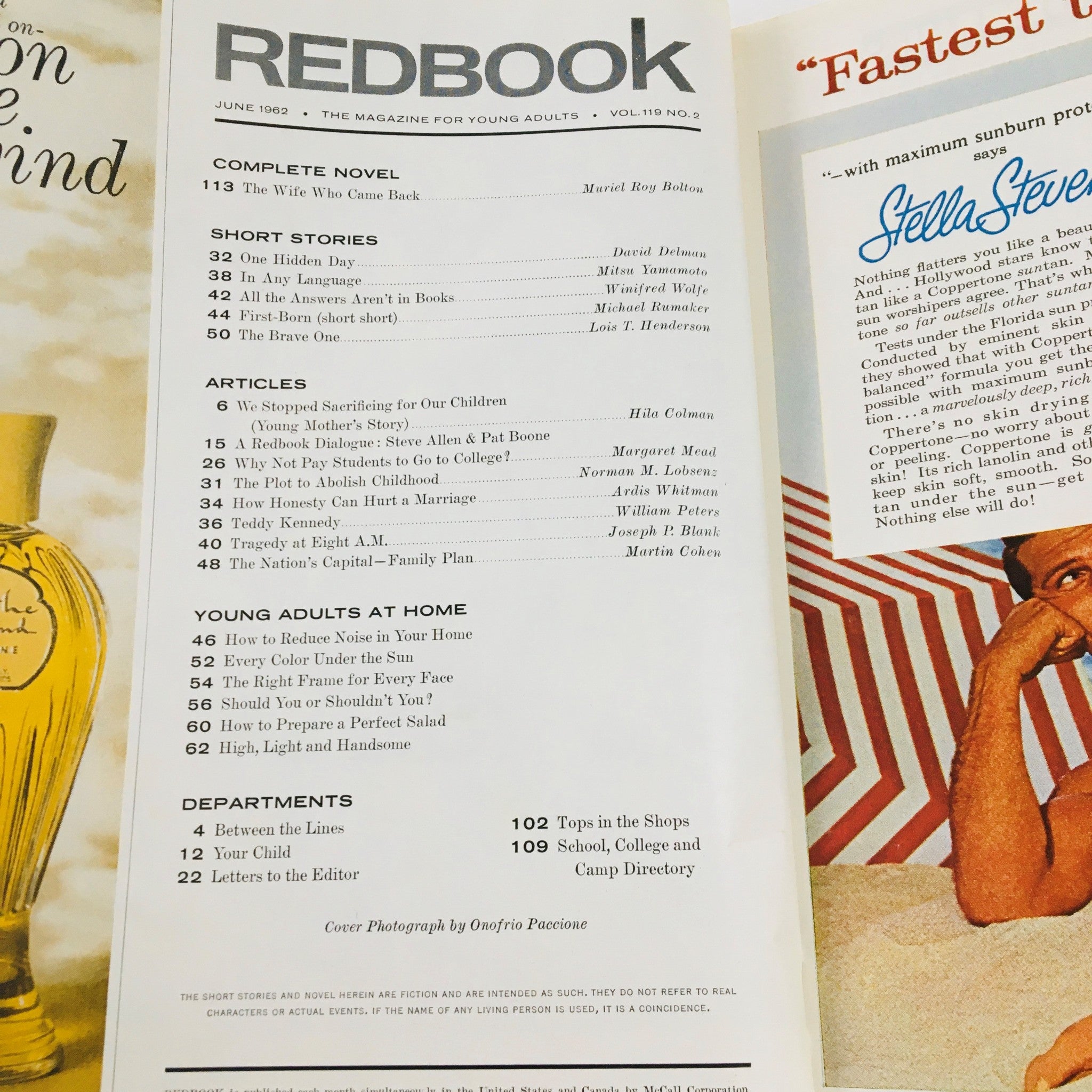 Interior page of Redbook Magazine June 1962 listing articles and stories, including those featuring Pat Boone and Steve Allen, as part of the magazine's engaging content.