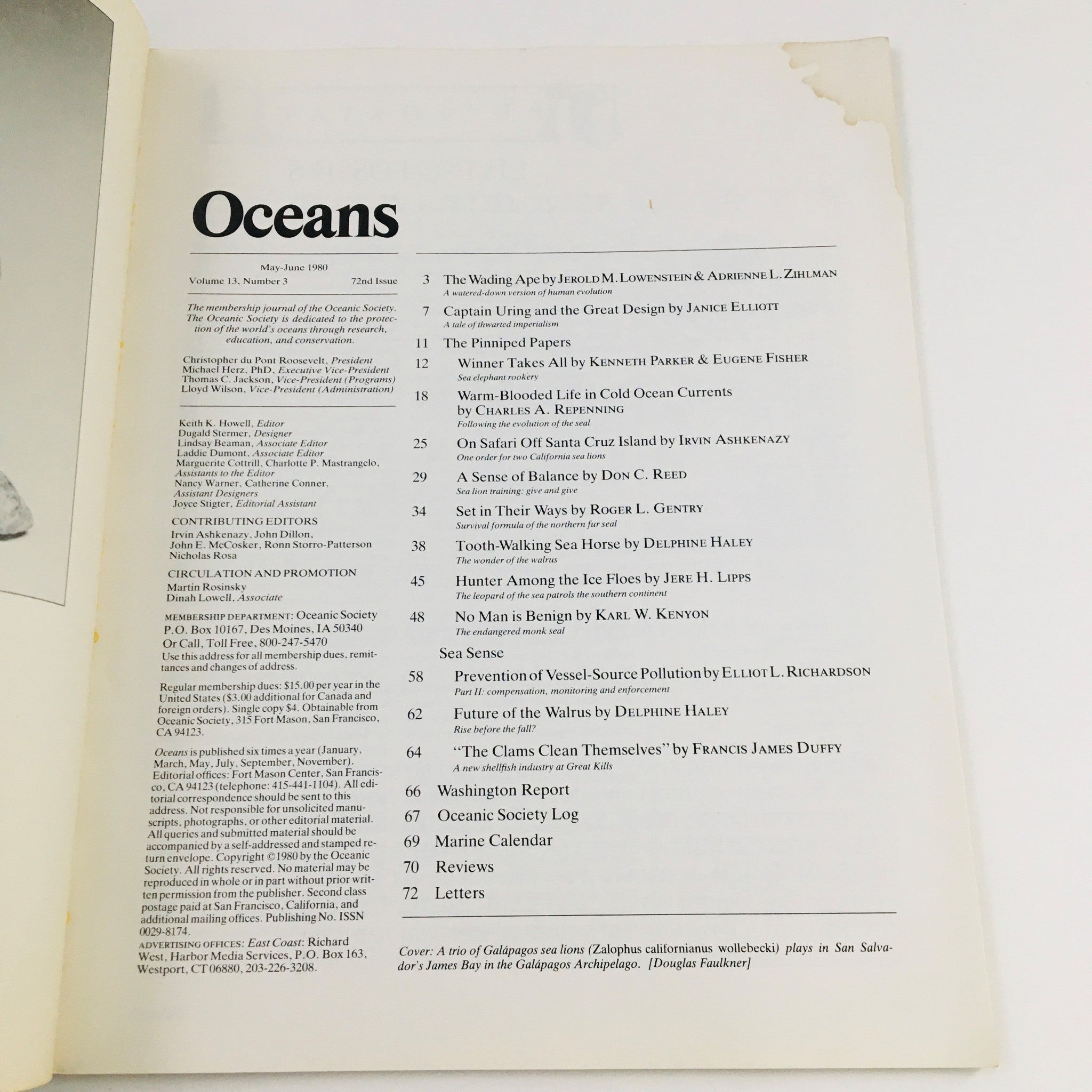 Oceans Magazine May 1980 Vol 13 No. 3 A Trio of Galapagos Sea Lions No Label