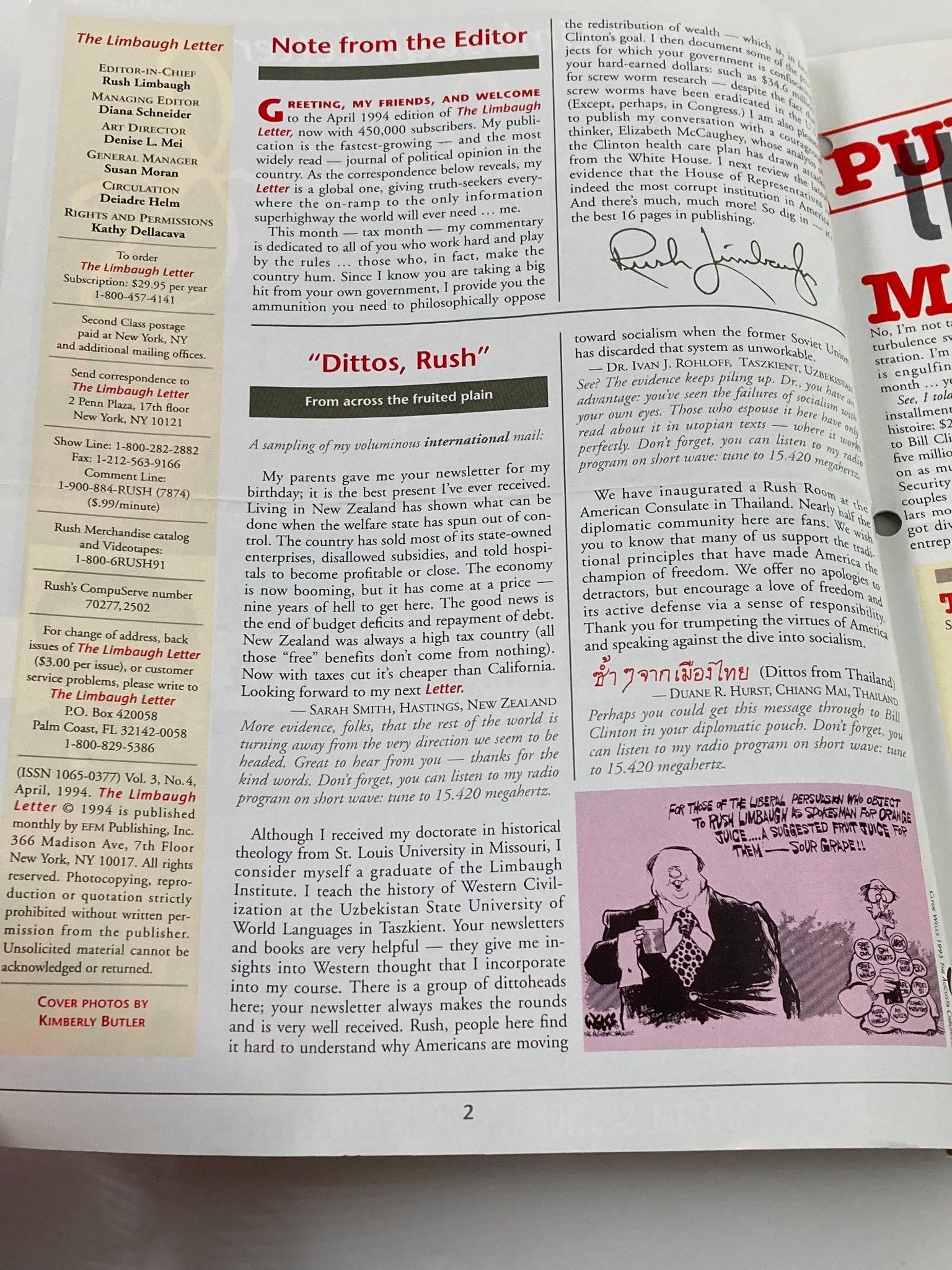 Rush Limbaugh Letter Newsletter Magazine April 1994 Punishing The Achievers