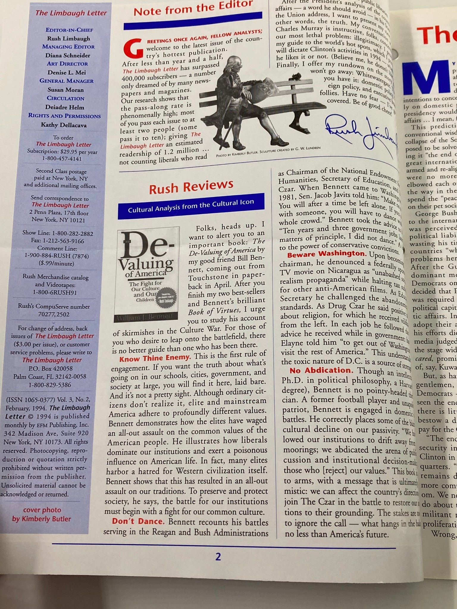 Rush Limbaugh Letter Newsletter Magazine February 1994 The State of The Union