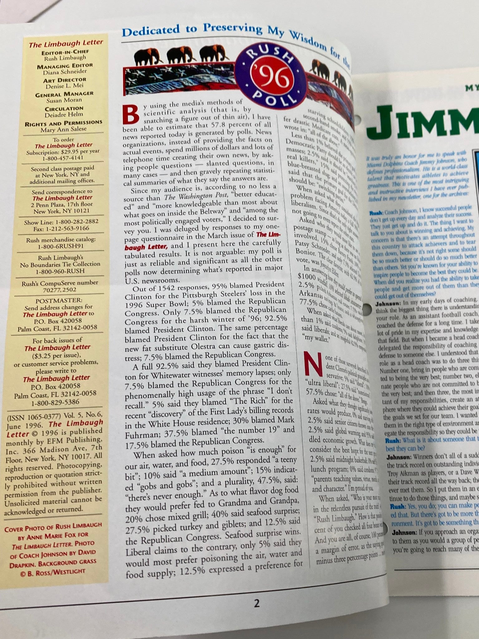 Rush Limbaugh Letter Newsletter Magazine June 1996 Rush Limbaugh, Jimmy Johnson