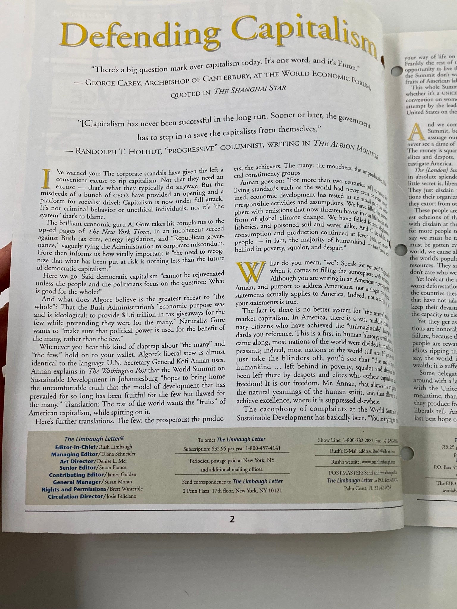 Rush Limbaugh Letter Newsletter Magazine September 2002 Defending Capitalism