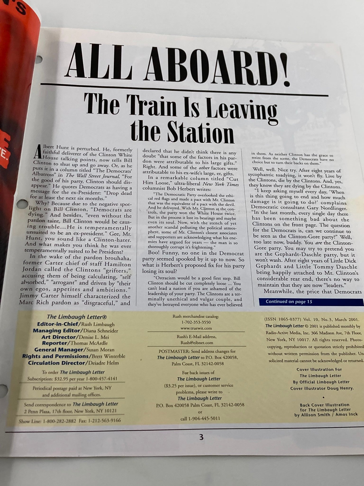 Rush Limbaugh Letter Newsletter Magazine March 2001 Train is Leaving Station