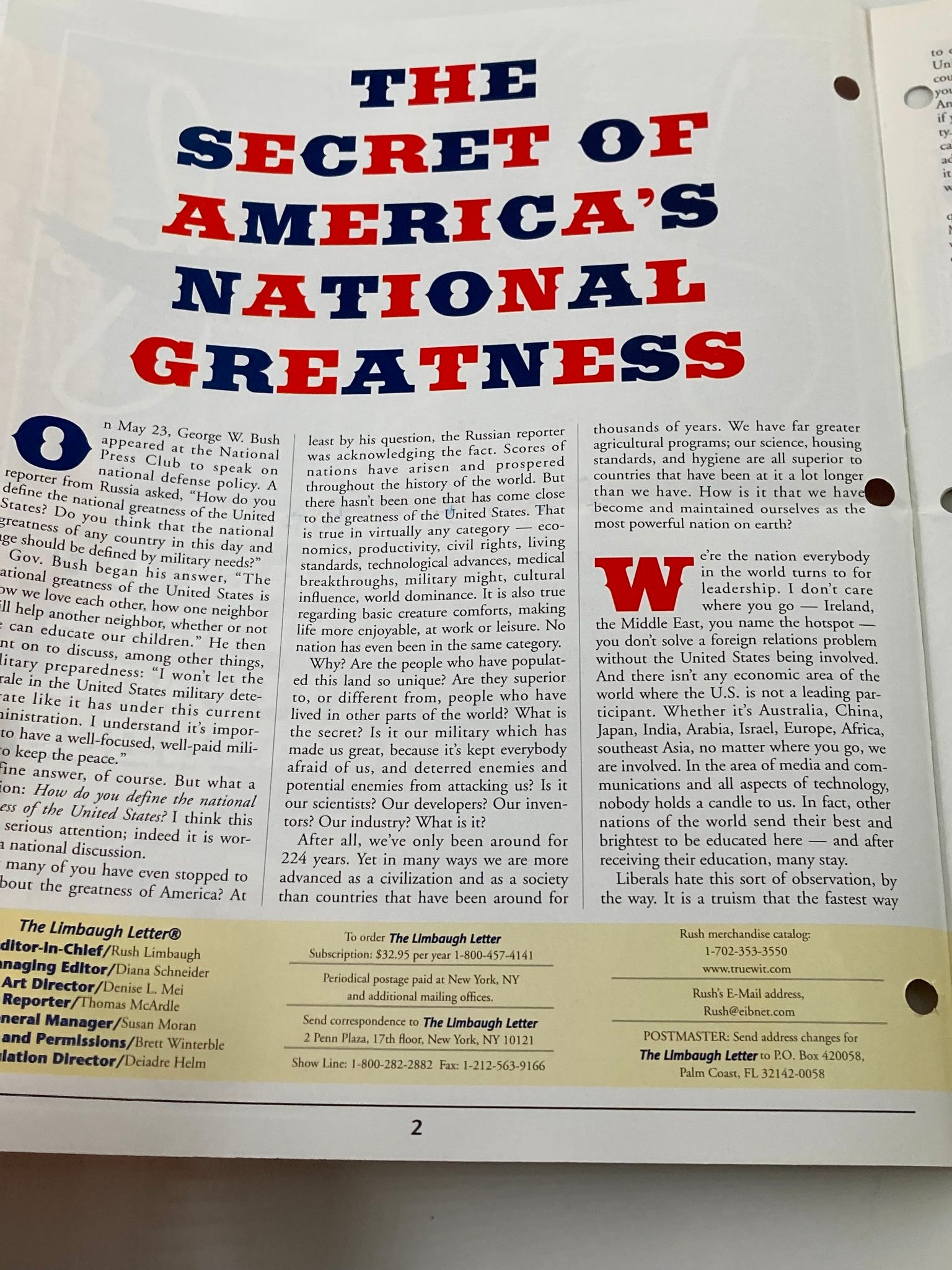 Rush Limbaugh Letter Newsletter Magazine July 2000 America's National Greatness