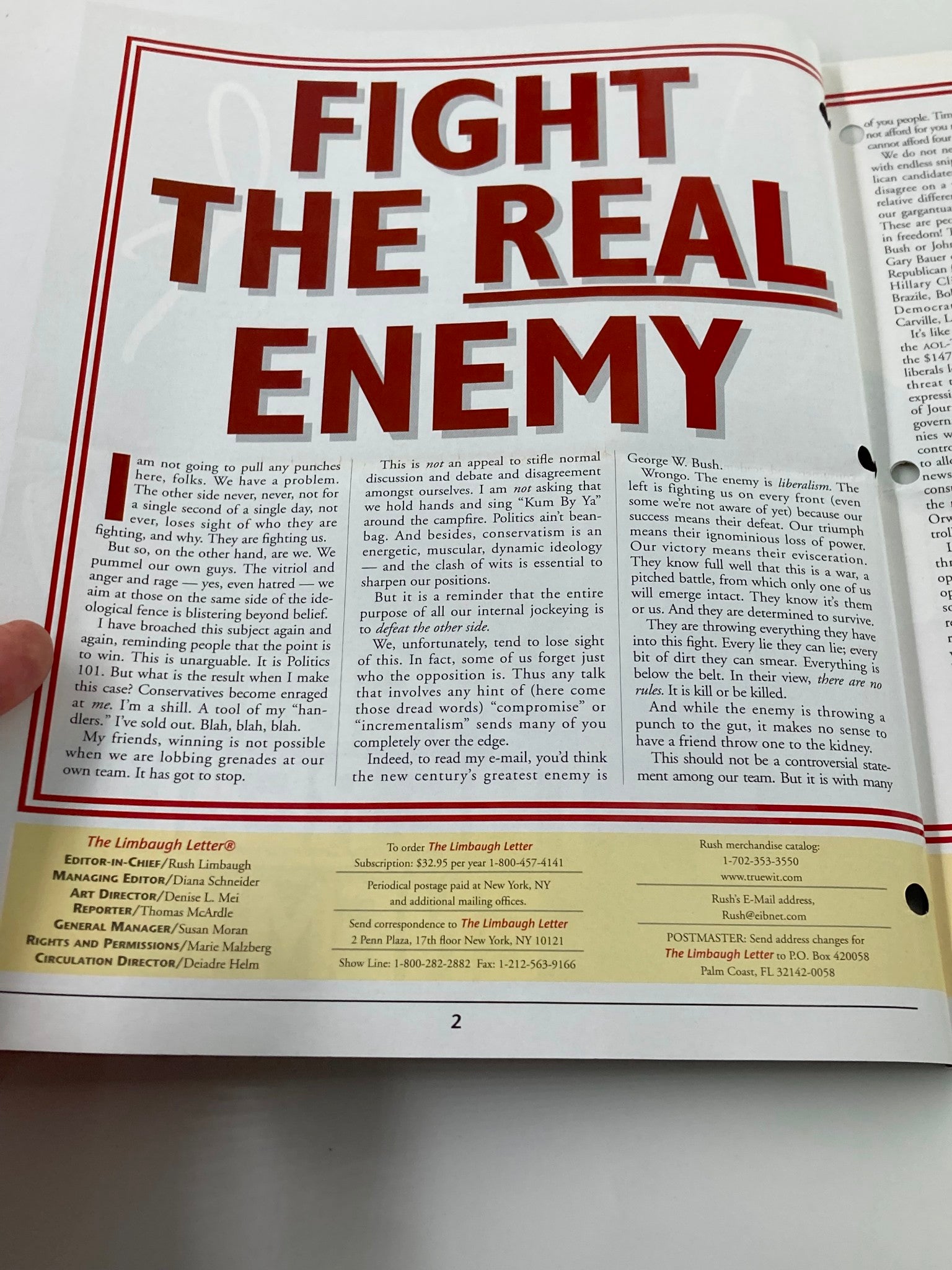 Rush Limbaugh Letter Newsletter Magazine February 2000 Fight The Real Enemy