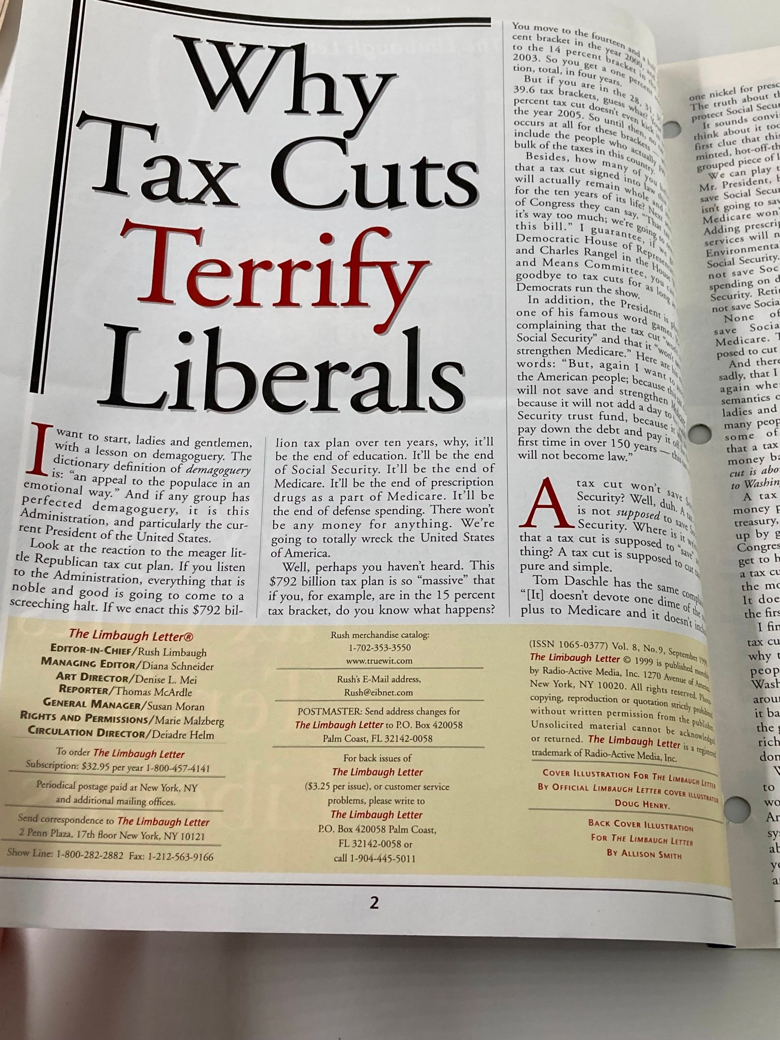 Rush Limbaugh Letter Newsletter Magazine September 1999 Tax Cut Terrify