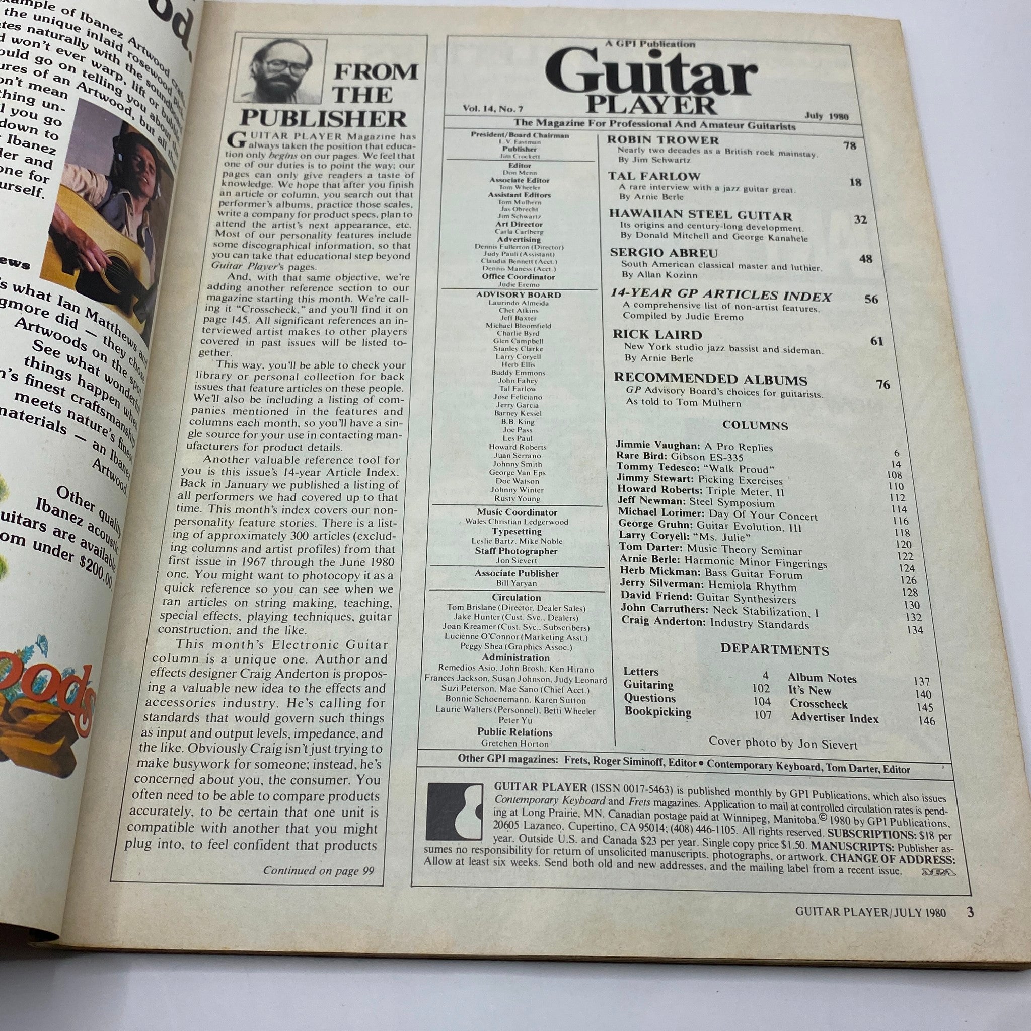 Inside page of Guitar Player Magazine July 1980 showing the table of contents and articles including Robin Trower, Tal Farlow, and Rick Laird. A glimpse into the magazine's features for guitar enthusiasts.