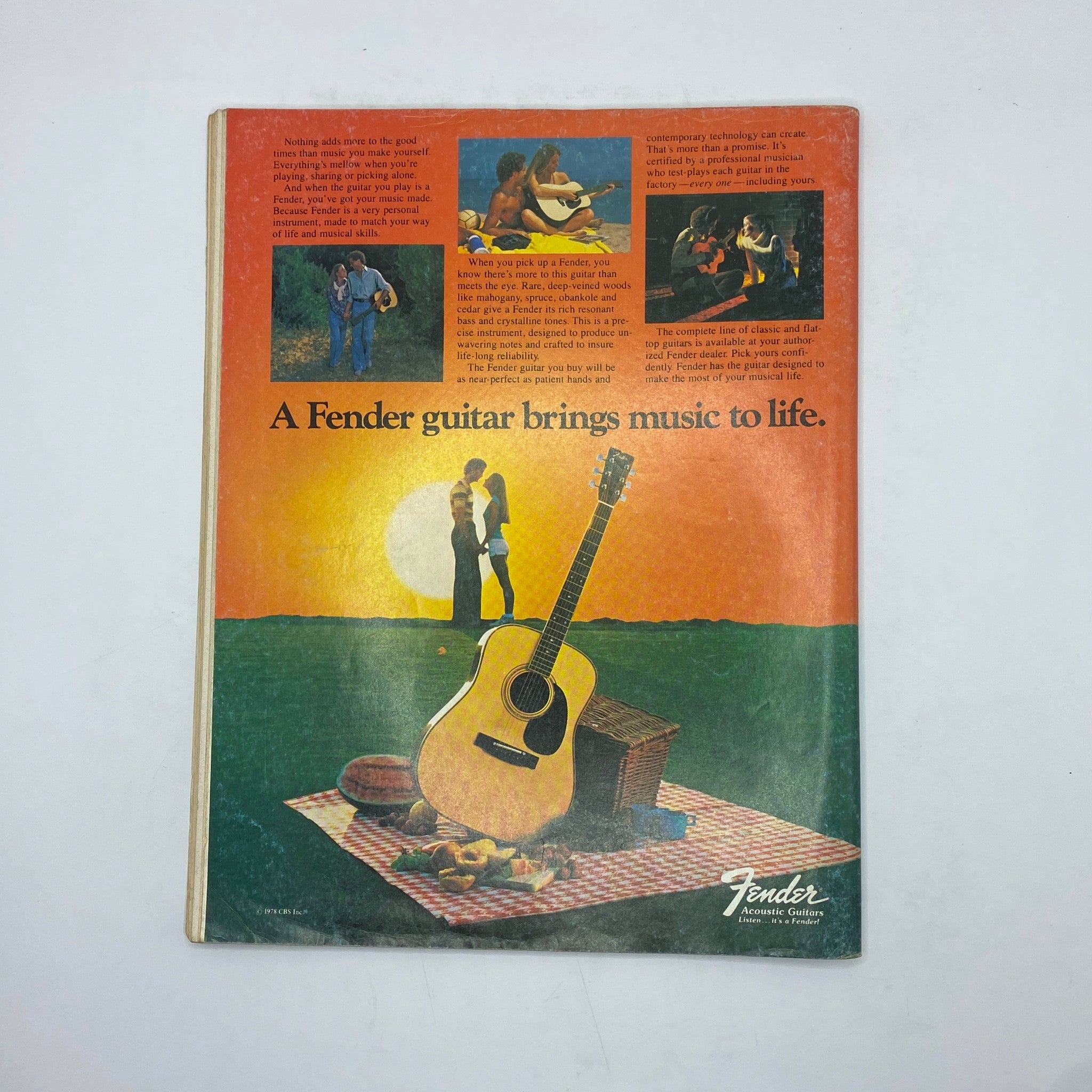 Back cover of Guitar Player Magazine July 1980 featuring a Fender guitar advertisement that emphasizes musical creativity and the joy of playing guitar.