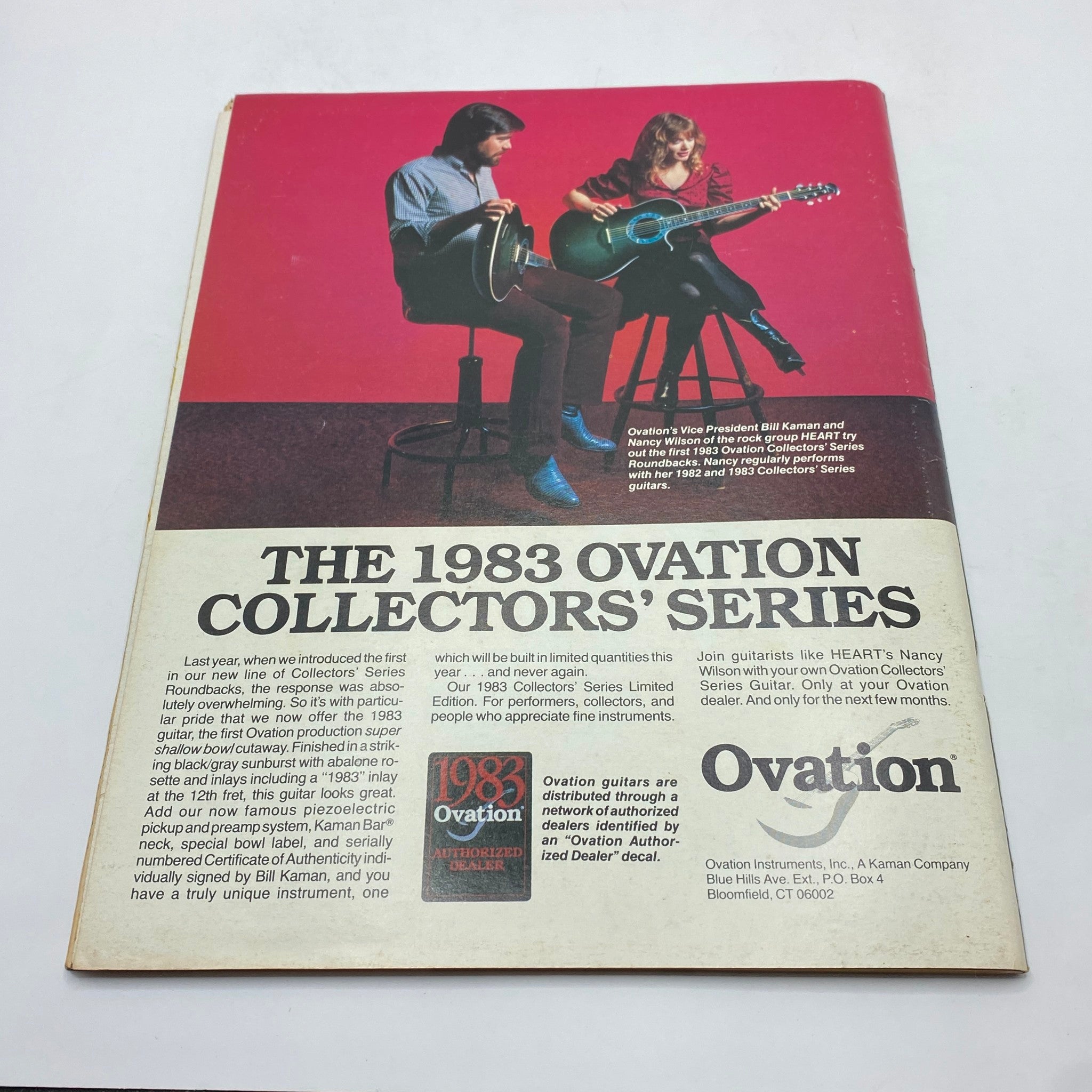 Advertisement page for the 1983 Ovation Collectors' Series in the VTG Guitar Magazine November 1983 Premiere Issue, featuring performers and details on the latest guitar models.