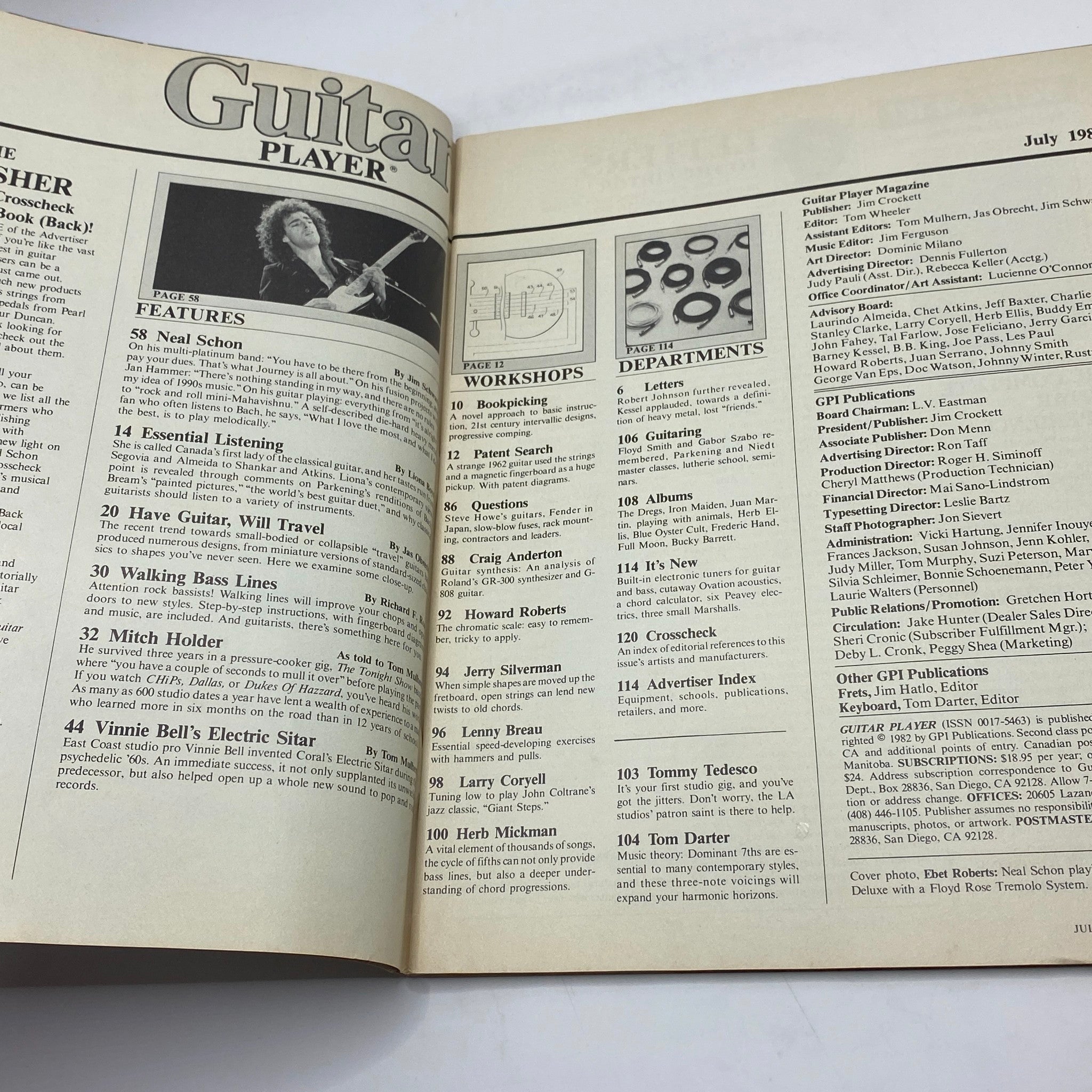 Inside page of Guitar Player Magazine July 1982 showcasing contents including features on Neal Schon and guitar-related articles.