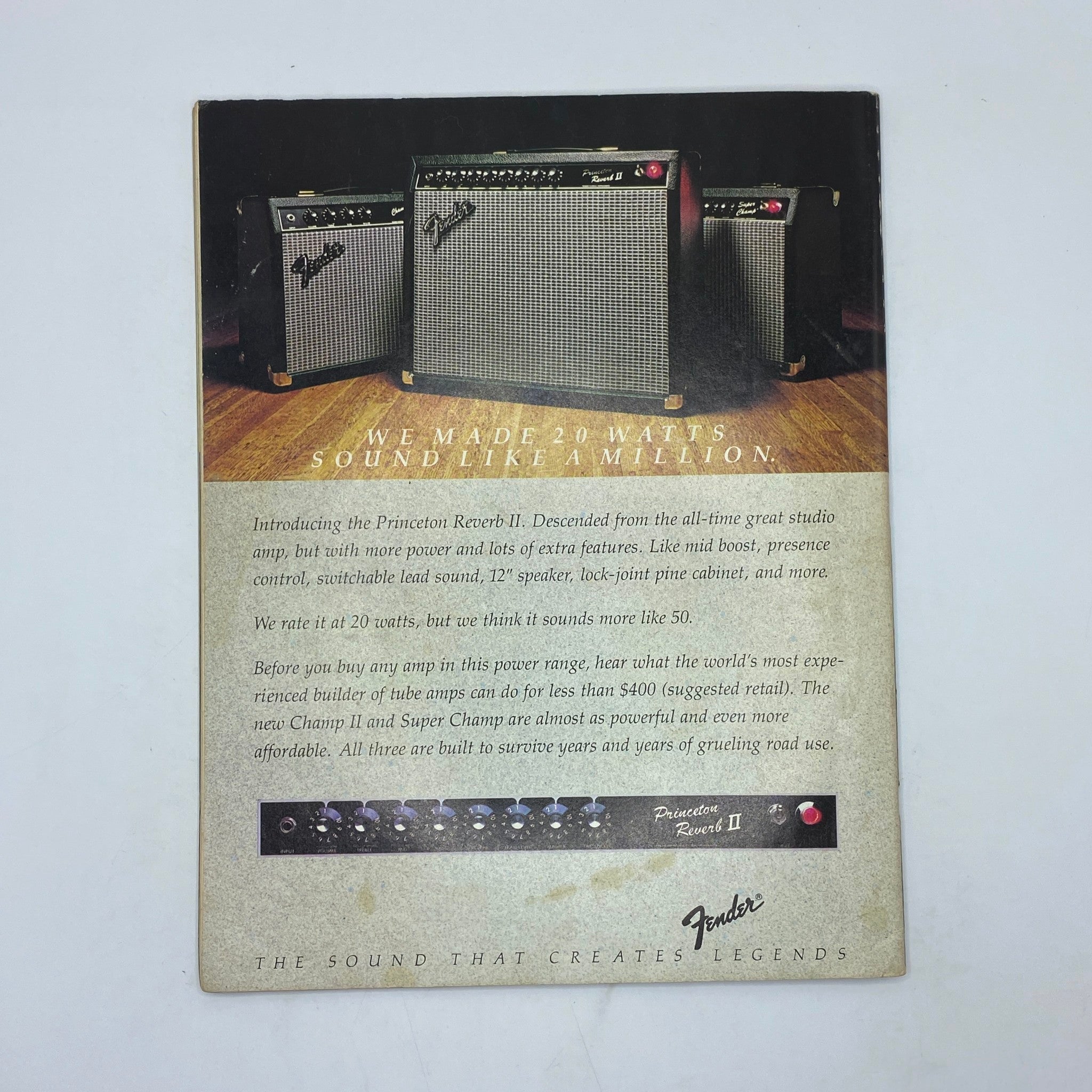 Vintage advertisement for Fender Princeton Reverb II amplifier from the July 1982 issue of Guitar Player Magazine featuring Neal Schon of Journey on the cover. The ad promotes the amplifier's power and features, showcasing a professional studio setting.