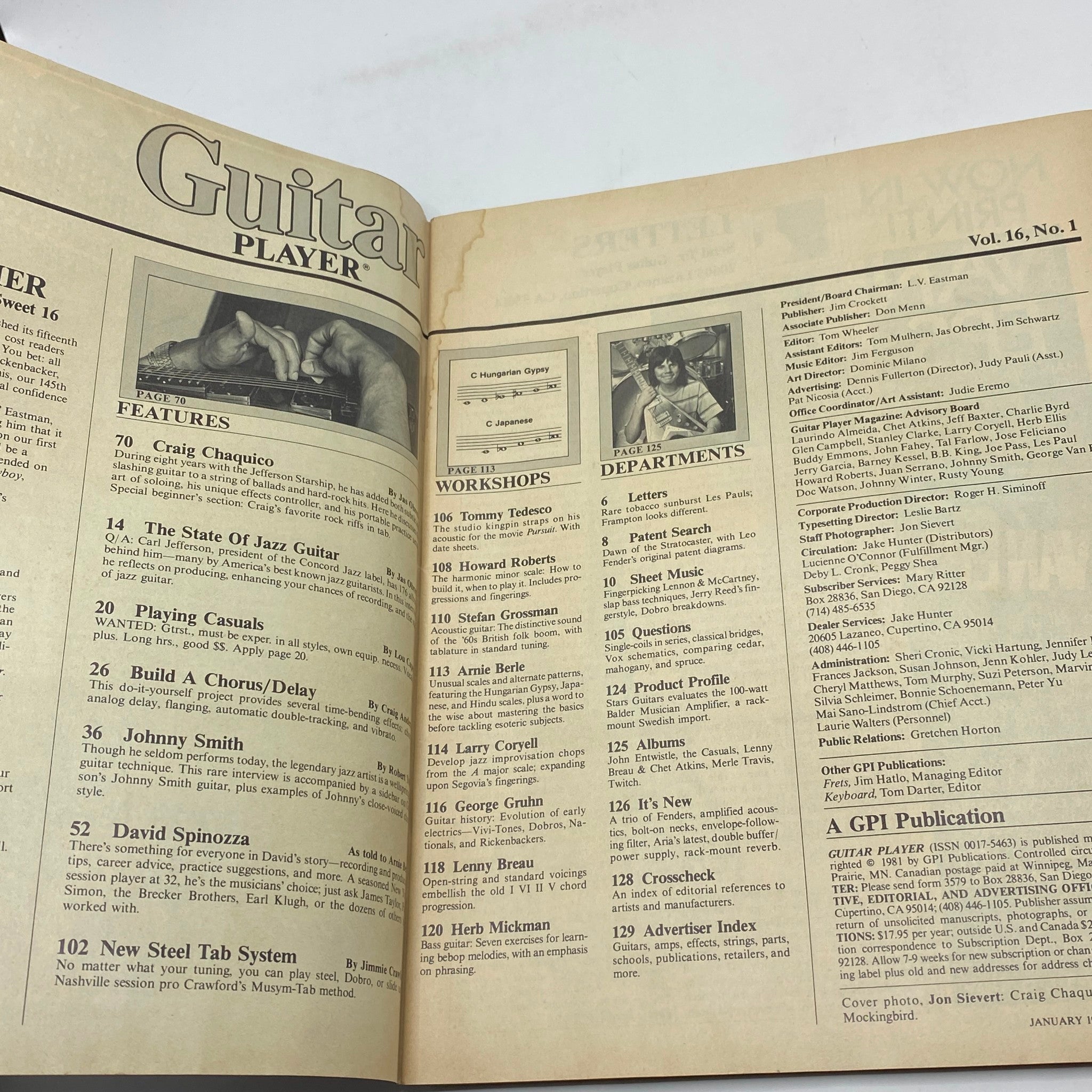 Inside pages of Guitar Player Magazine January 1982 displaying features and workshops, including Craig Chaquico's interview and additional guitar resources.