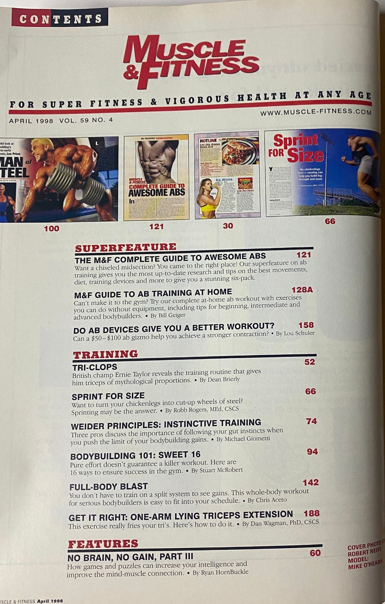 Contents page of Muscle & Fitness Magazine April 1998 Vol 59 No. 4, detailing articles on awesome abs, training routines, and fitness insights.