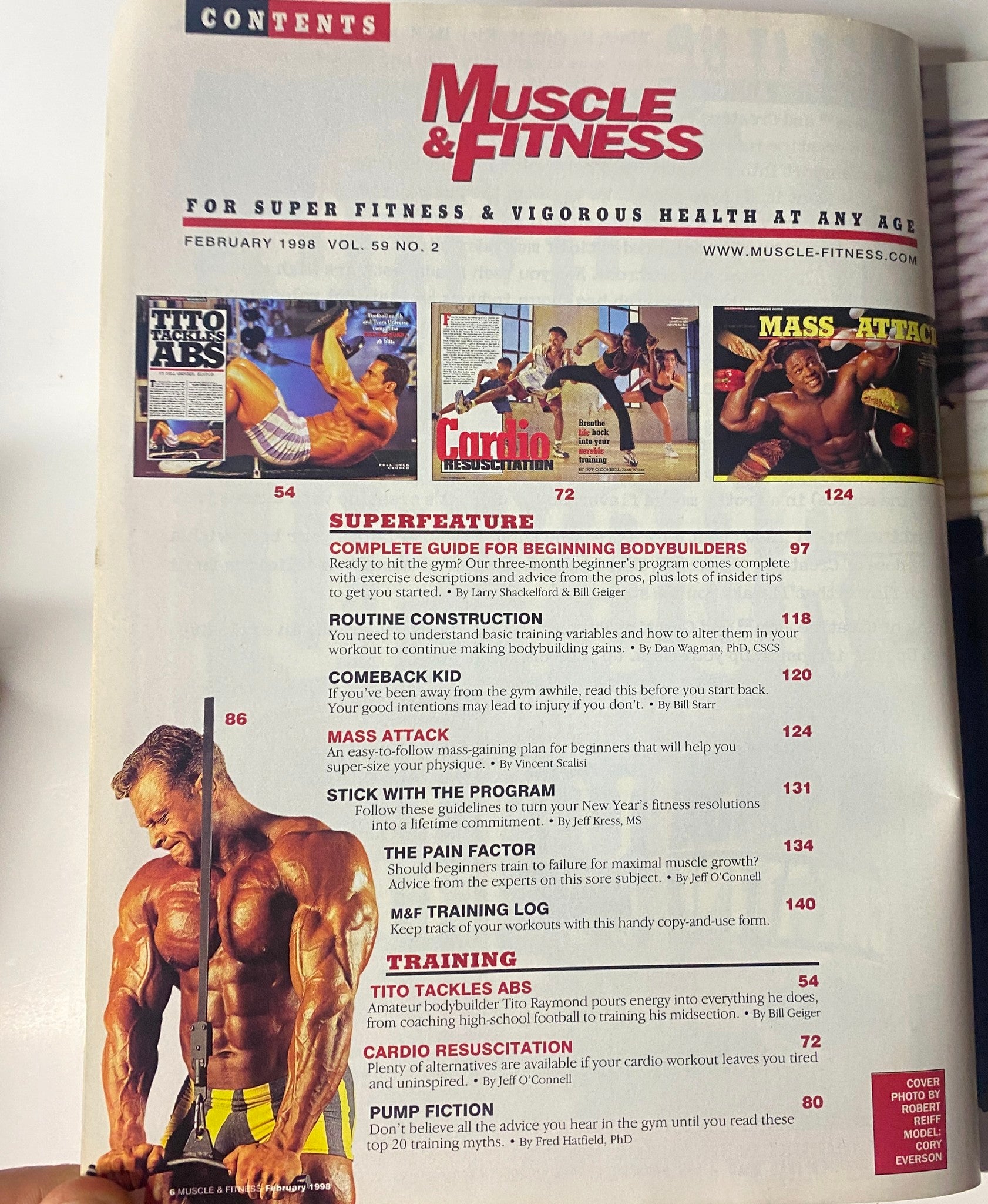 Inside contents pages of Muscle & Fitness Magazine February 1998 Vol 59 No. 2, outlining articles on bodybuilding training programs and fitness advice.
