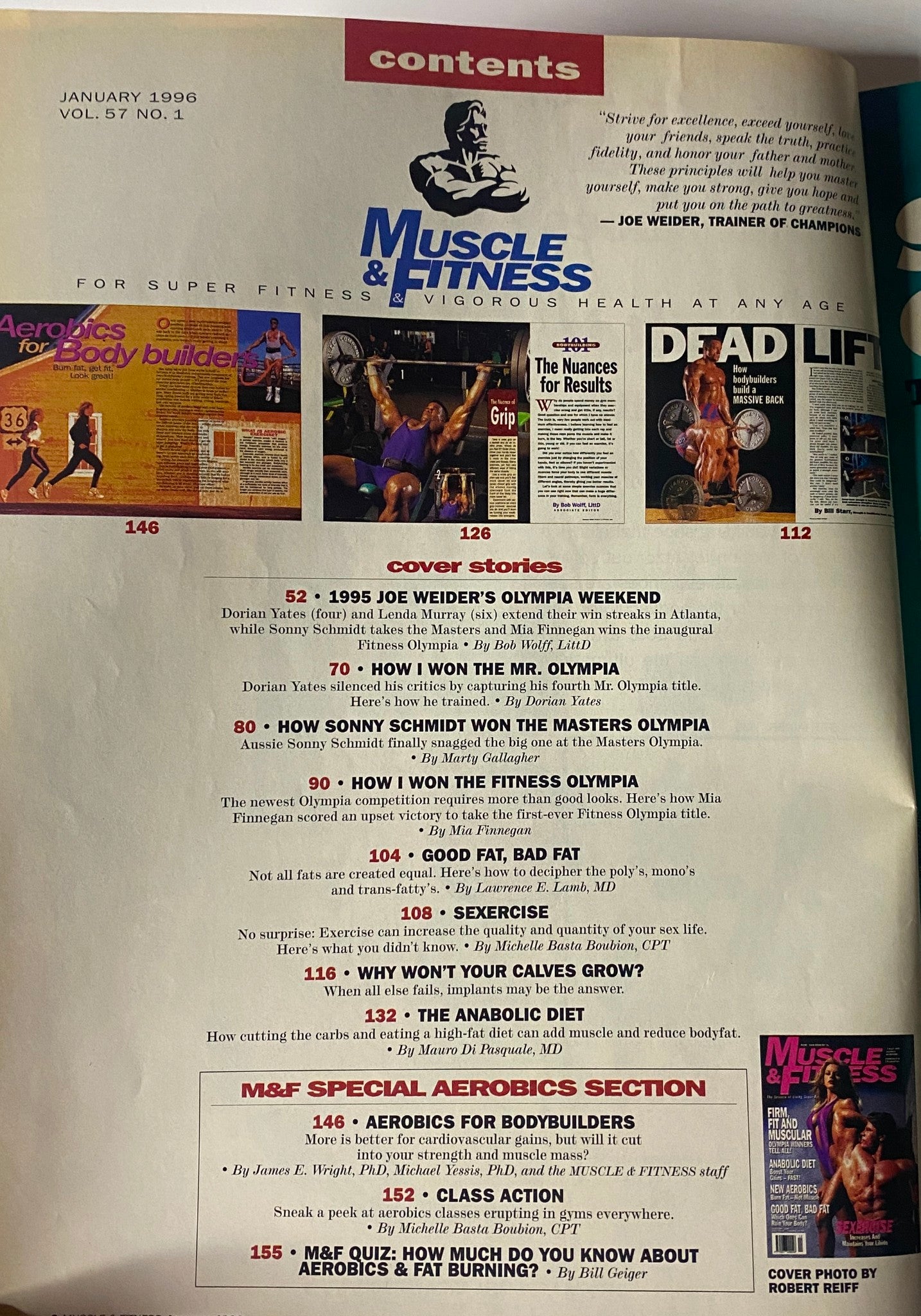 Contents page of Muscle & Fitness Magazine January 1996 Vol 57 No. 1 summarizing cover stories and articles focused on bodybuilding, nutrition, and fitness routines.
