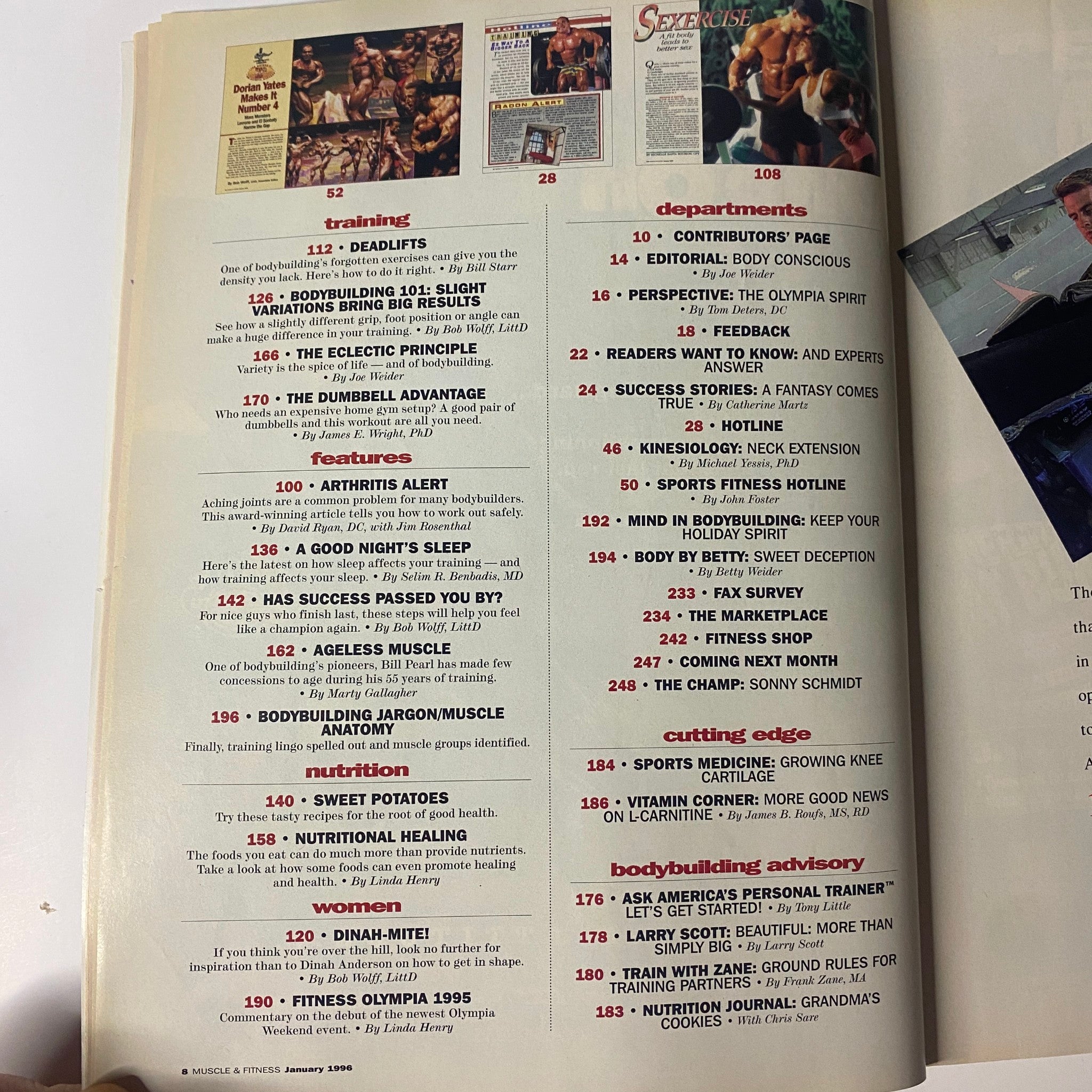 Interior page of Muscle & Fitness Magazine January 1996 Vol 57 No. 1 showcasing additional article listings under sections like 'Training' and 'Departments'.