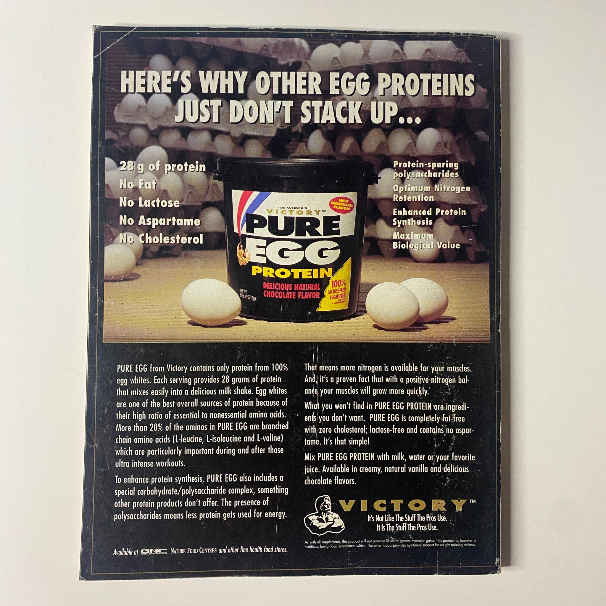 Back cover of Muscle & Fitness Magazine January 1996 Vol 57 No. 1 promoting Pure Egg Protein with benefits and nutritional information.