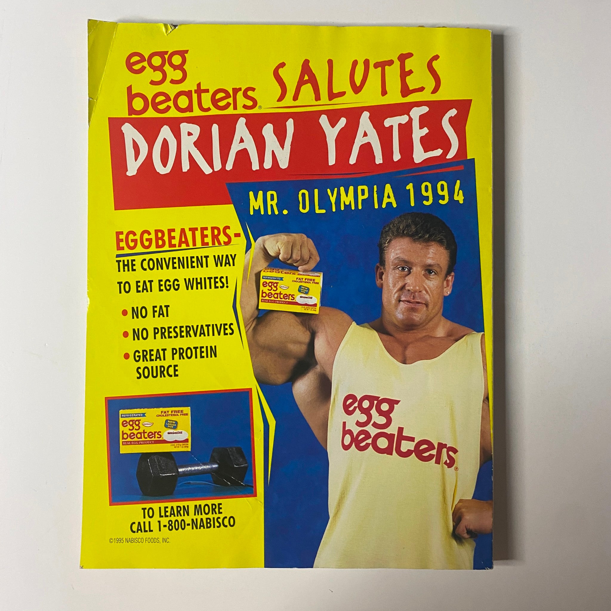 Egg Beaters advertisement featuring Dorian Yates as Mr. Olympia 1994, promoting Egg Beaters as a no-fat, convenient protein source for fitness enthusiasts.