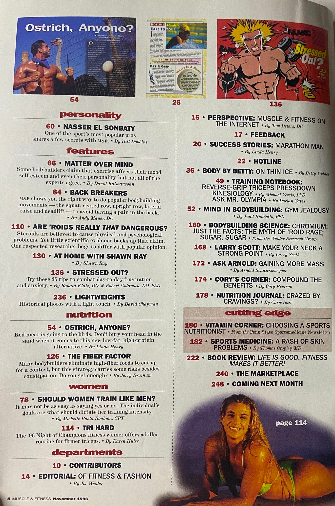 Second contents page of Muscle & Fitness Magazine November 1996, summarizing features on personality profiles, nutrition tips, and fitness advice.