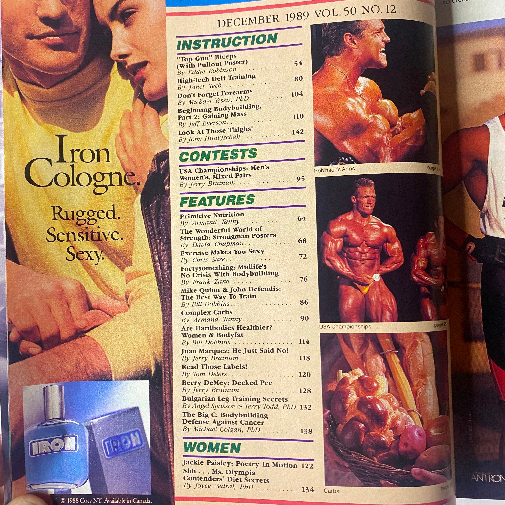 Interior page of Muscle & Fitness Magazine December 1989 displaying the table of contents, including topics like instruction and contests.
