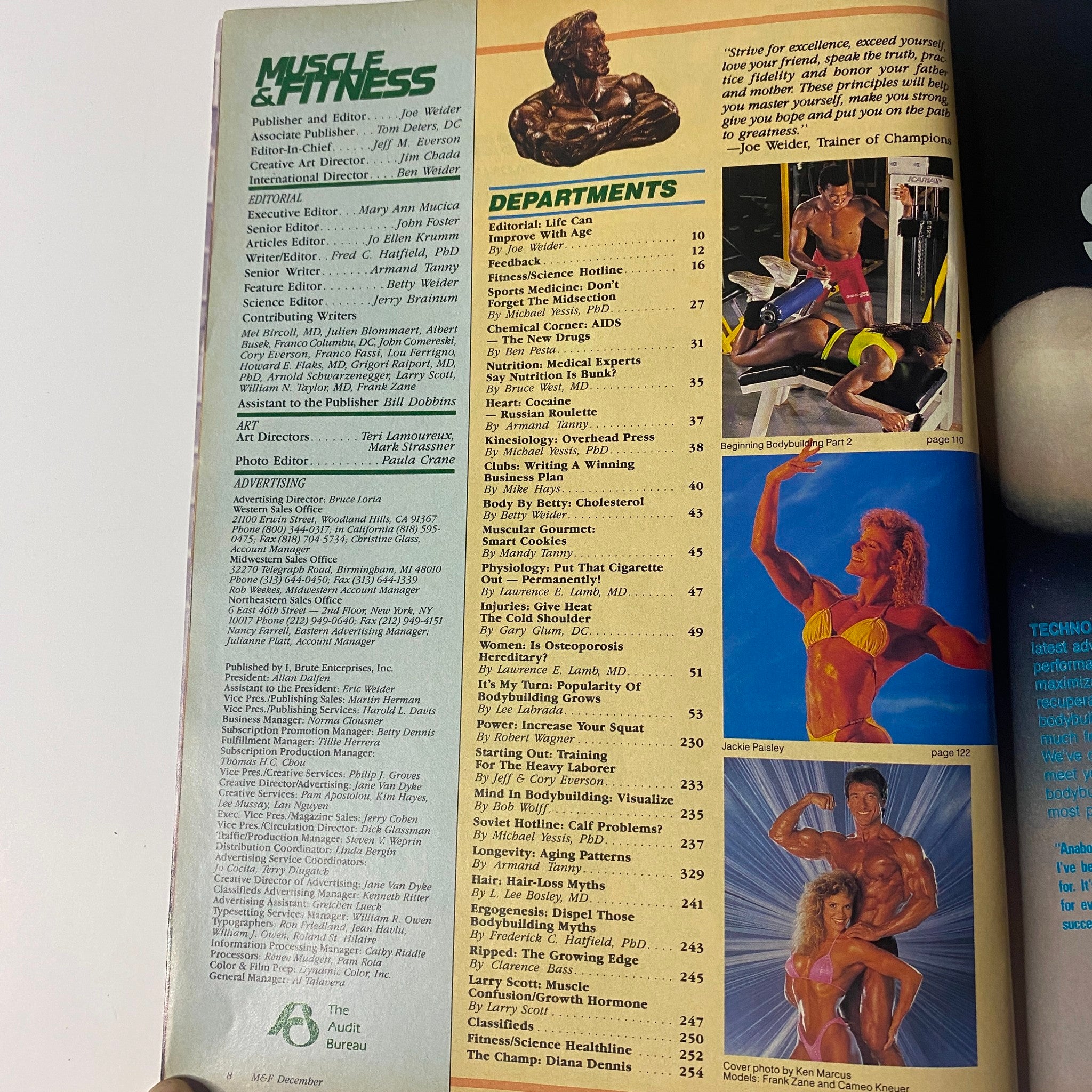 Another interior page of Muscle & Fitness Magazine December 1989 showcasing various departments including health and fitness advice.