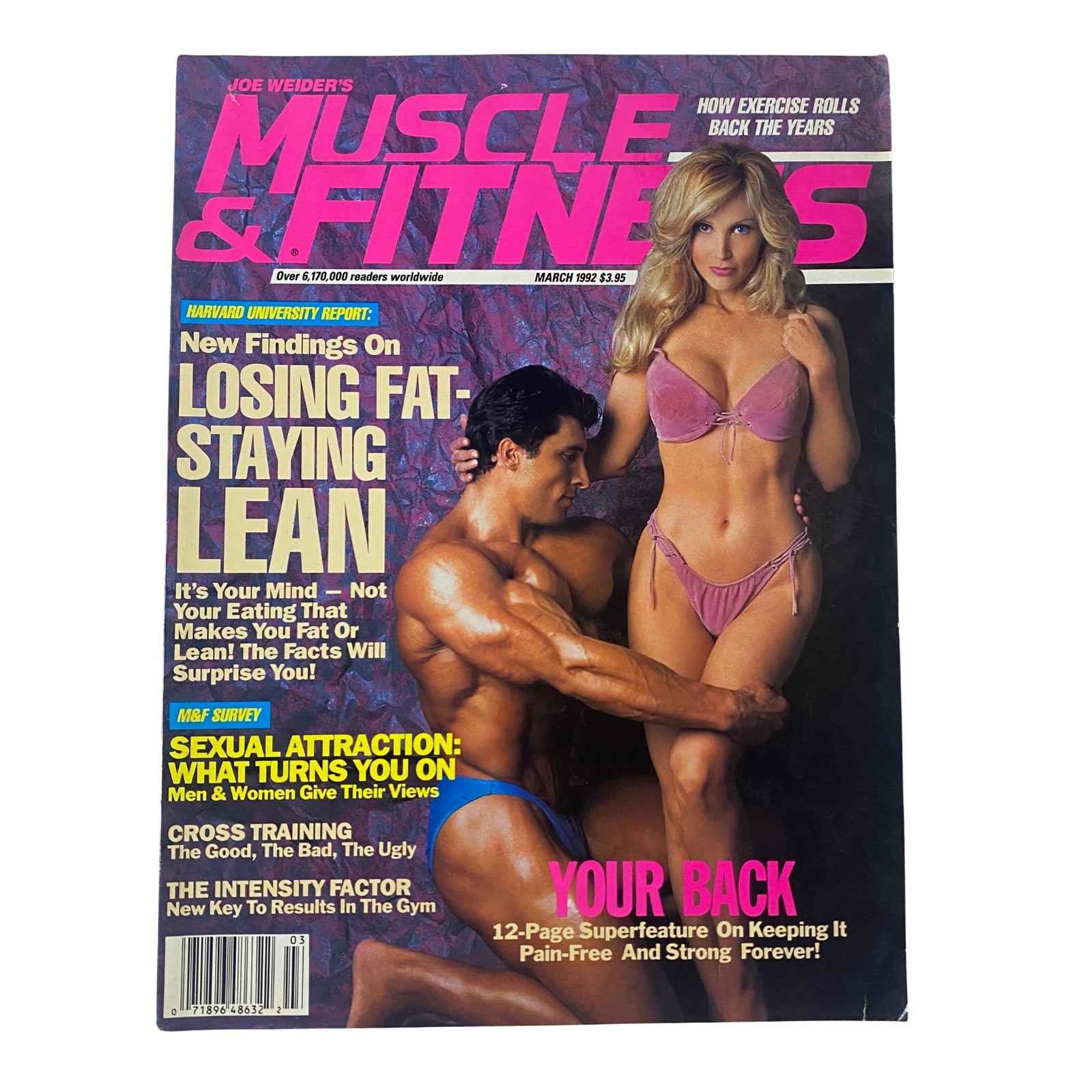 Muscle & Fitness Magazine March 1992 Vol 53 No. 3 showcasing the cover featuring a muscular man with a woman in workout attire, emphasizing themes on fitness and bodybuilding.
