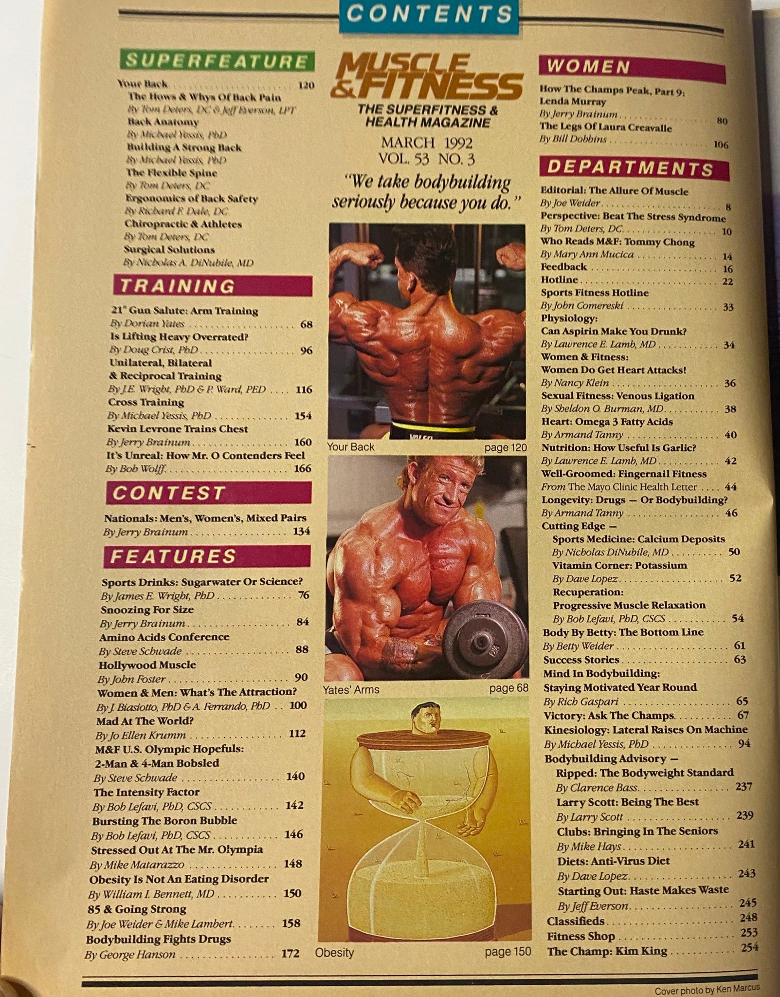 Contents page of Muscle & Fitness Magazine March 1992 Vol 53 No. 3, highlighting articles related to training, contests, and features within the world of bodybuilding.