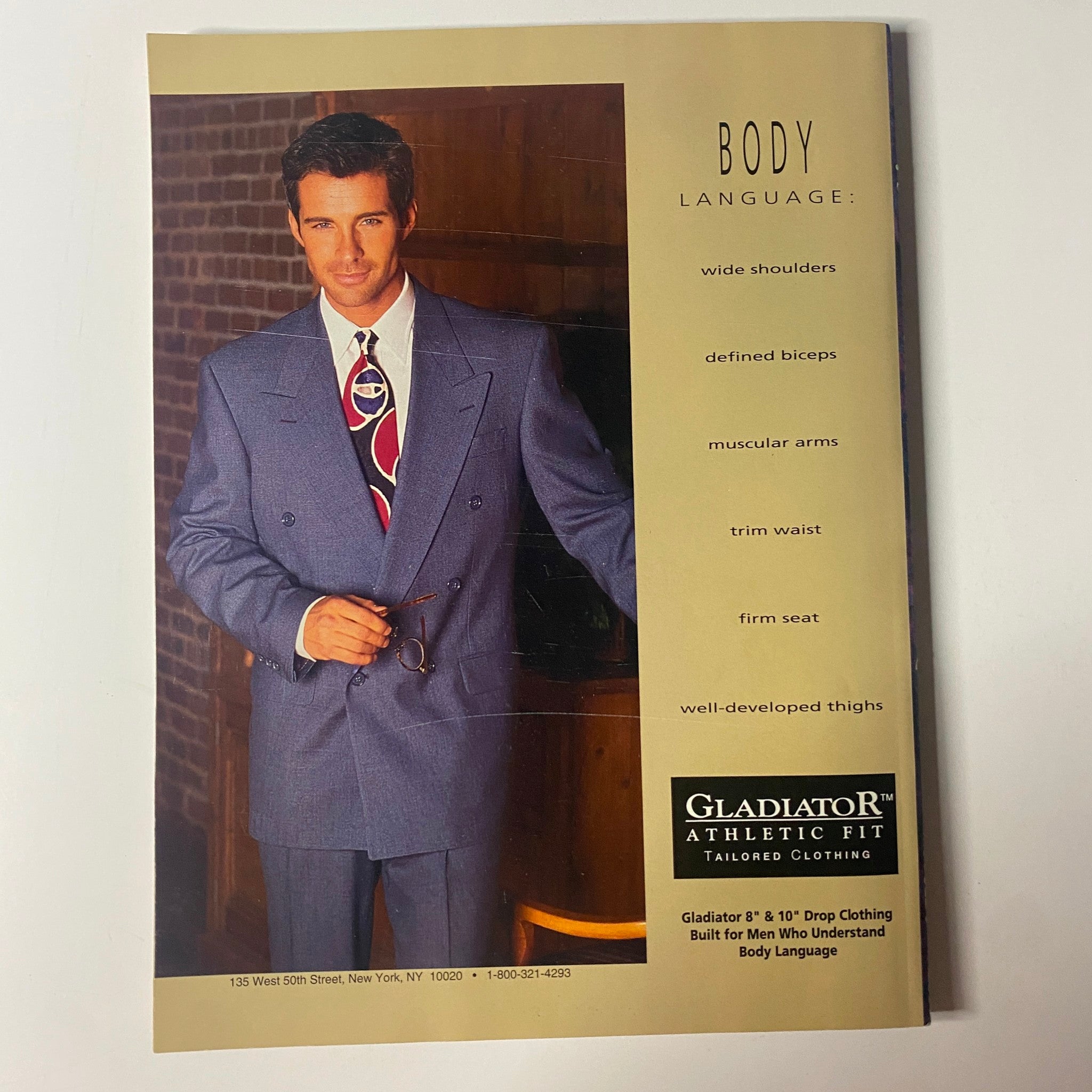 Back cover of Muscle & Fitness Magazine March 1992 Vol 53 No. 3 advertising clothing tailored for bodybuilders, showcasing the importance of a well-defined physique.