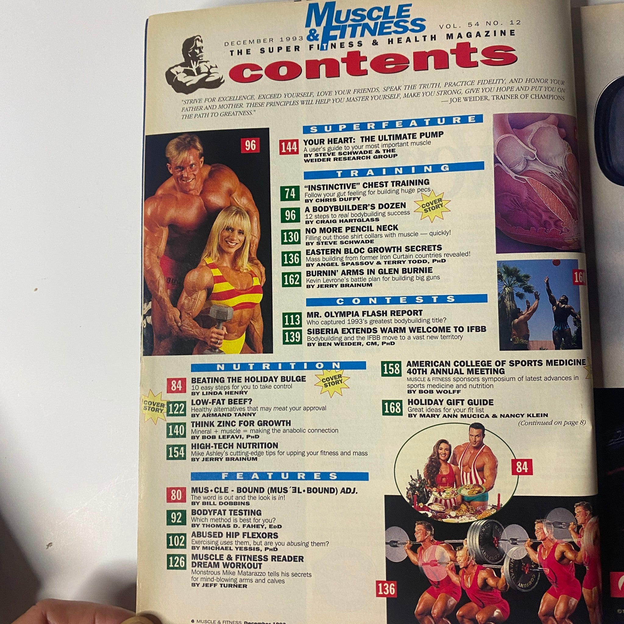 Contents page of Muscle & Fitness Magazine December 1993 listing articles on training, nutrition, and bodybuilding contests, featuring Achim Albrecht and Shannon Stone.