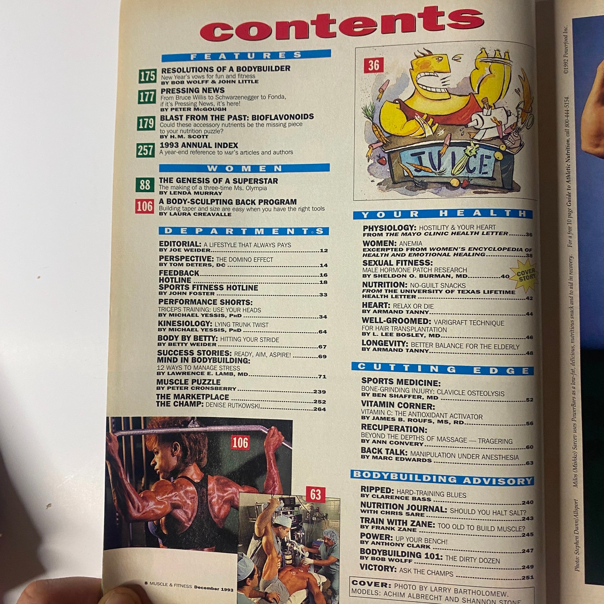 Contents page of Muscle & Fitness Magazine December 1993 featuring articles on bodybuilding, nutrition, and training techniques with illustrations and notable features.
