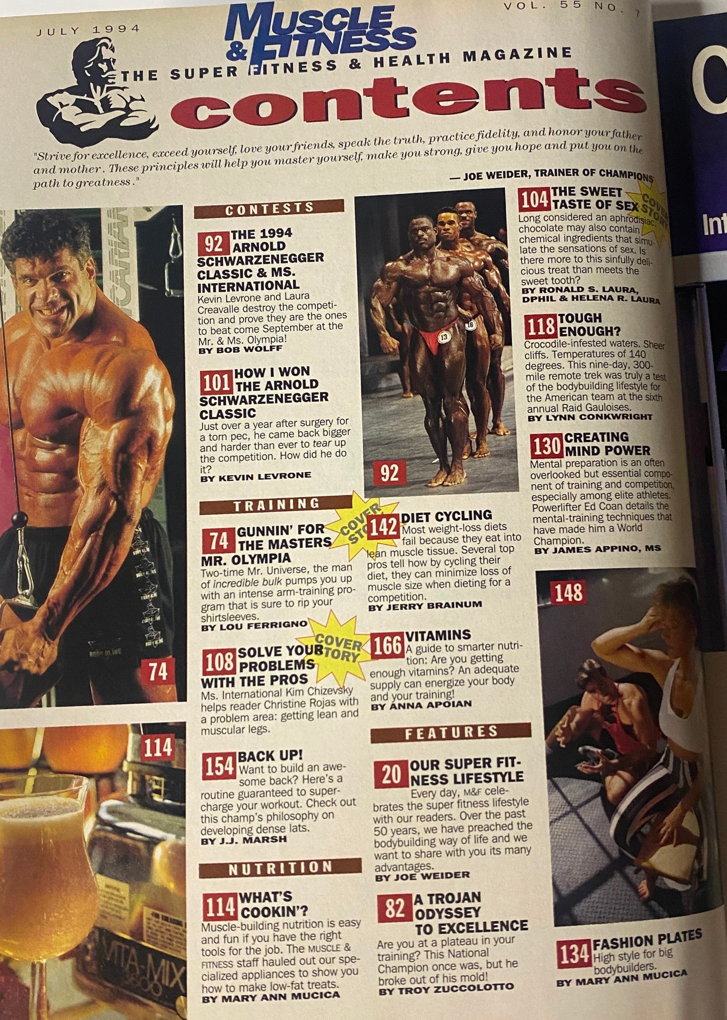 Contents page of Muscle & Fitness Magazine July 1994, showcasing various articles including contests, training tips, nutritional advice, and features on bodybuilding.